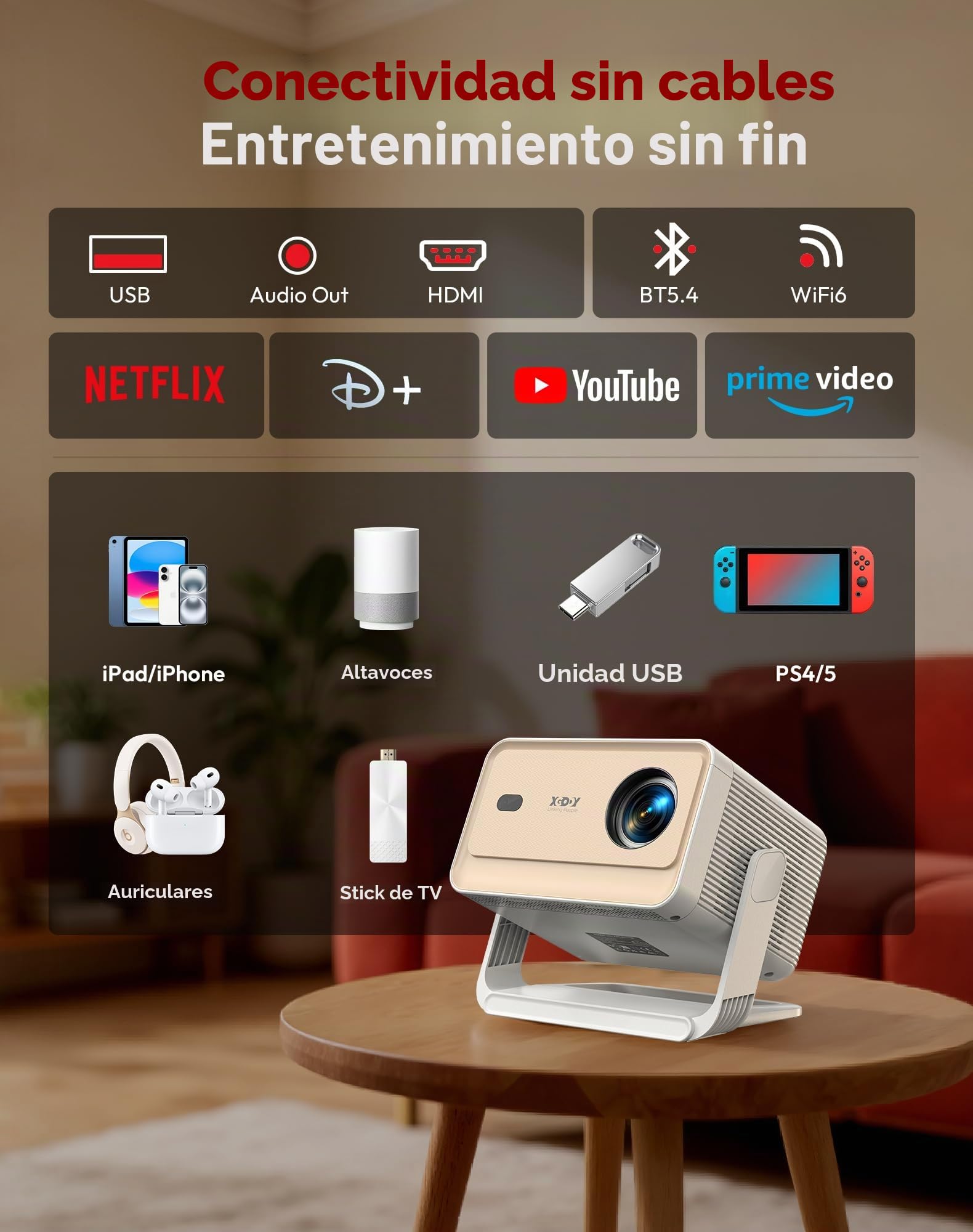 Proyector Xgody con certificación Netflix, resolución nativa 1080P, Compatible con 4K, 700 ANSI, Enfoque automático y Asistente de Voz. Proyector Inteligente N6PRO, WiFi 6, Bluetooth 5.4.