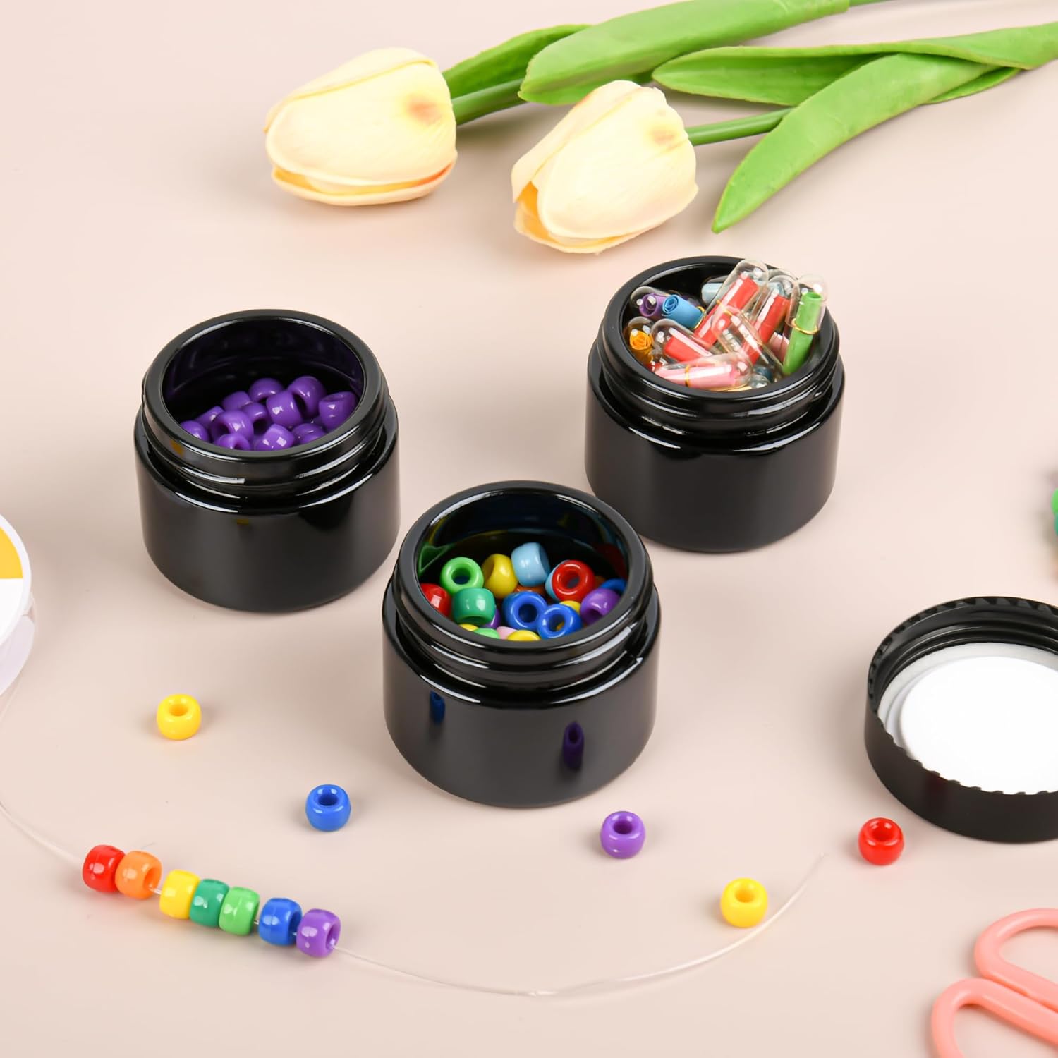 Glass Jars with Lids,Eco-Friendly Cosmetic Containers with Airtight Black Lids & Liners, Multi-Color Options for Cream, Lotion, Body Butter, DIY Skincare Travel Jars (Black, 2oz)