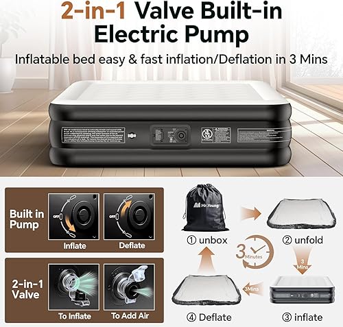 Miniatura 3 de Mr.Young Colchón de aire individual con bomba integrada, colchón inflable de lujo, colchones inflables en 2 minutos autoinfladodesinflado, colchón