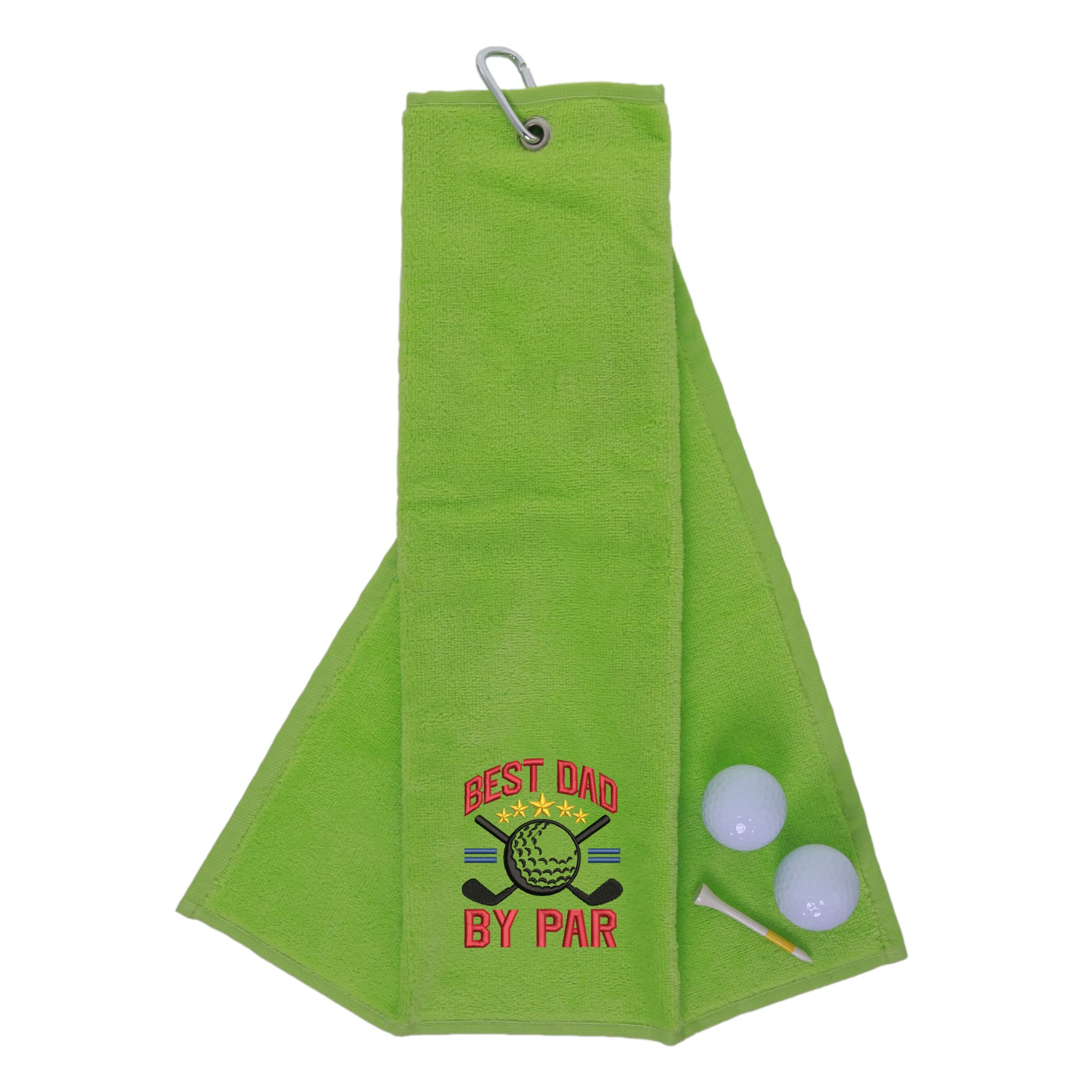 aztex Tri-Fold Golf Towel with Novelty 'Best Dad By Par' Embroidery, Metal Carabiner Clip, Cotton Velour, 590gsm, Lime Green