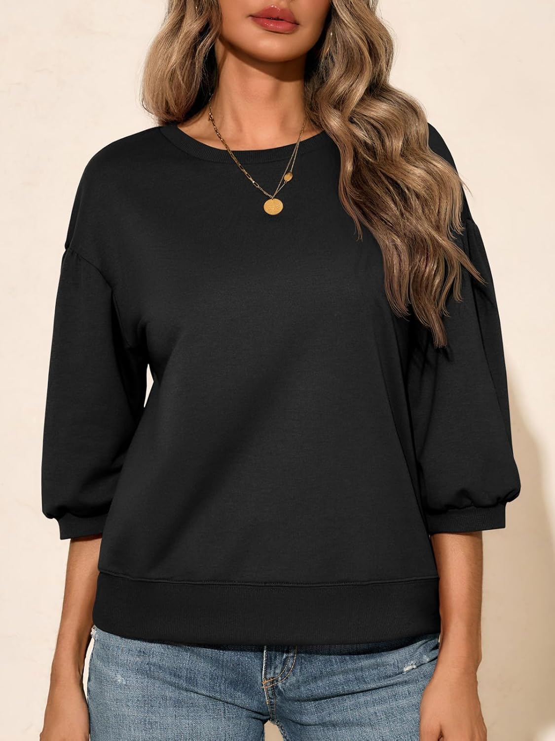 Fisoew Womens Crewneck Sweatshirts Casual Puff Sleeve Loose Fit Shirts Fall Tops - Image 2