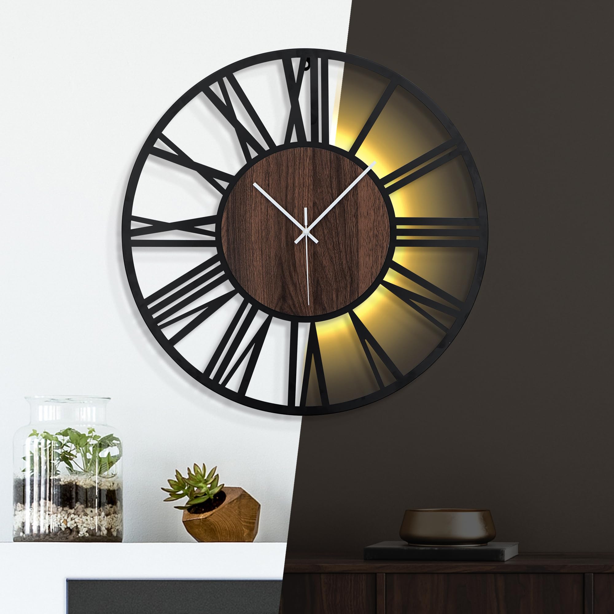 Reloj de Pared Moderno con Luz Nocturna – Reloj Silencioso de 50 cm a Pilas, LED Auto en la Oscuridad, Sin Tic TAC, Estilo Madera, para Salón, Dormitorio, Cocina