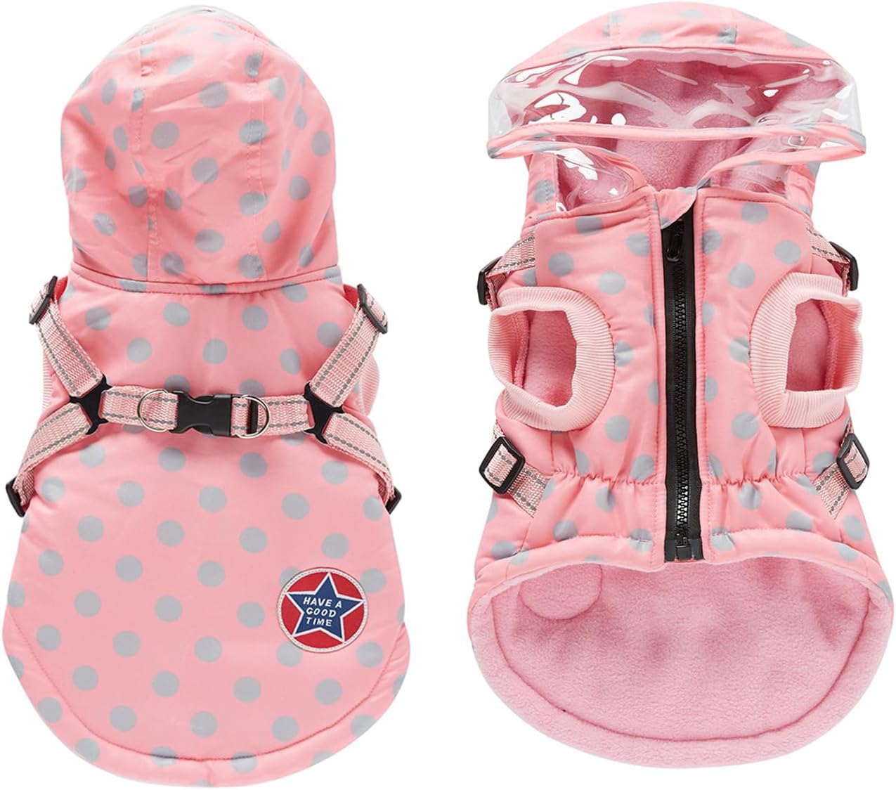 HDKUW Small Dog Harness Jacket Hooded,Pet Coat Cold Weather Warm Vest Jacket with Harness,Dog Waterproof Windproof Cotton Costume for Puppy Small Medium Dogs Pink Dots L