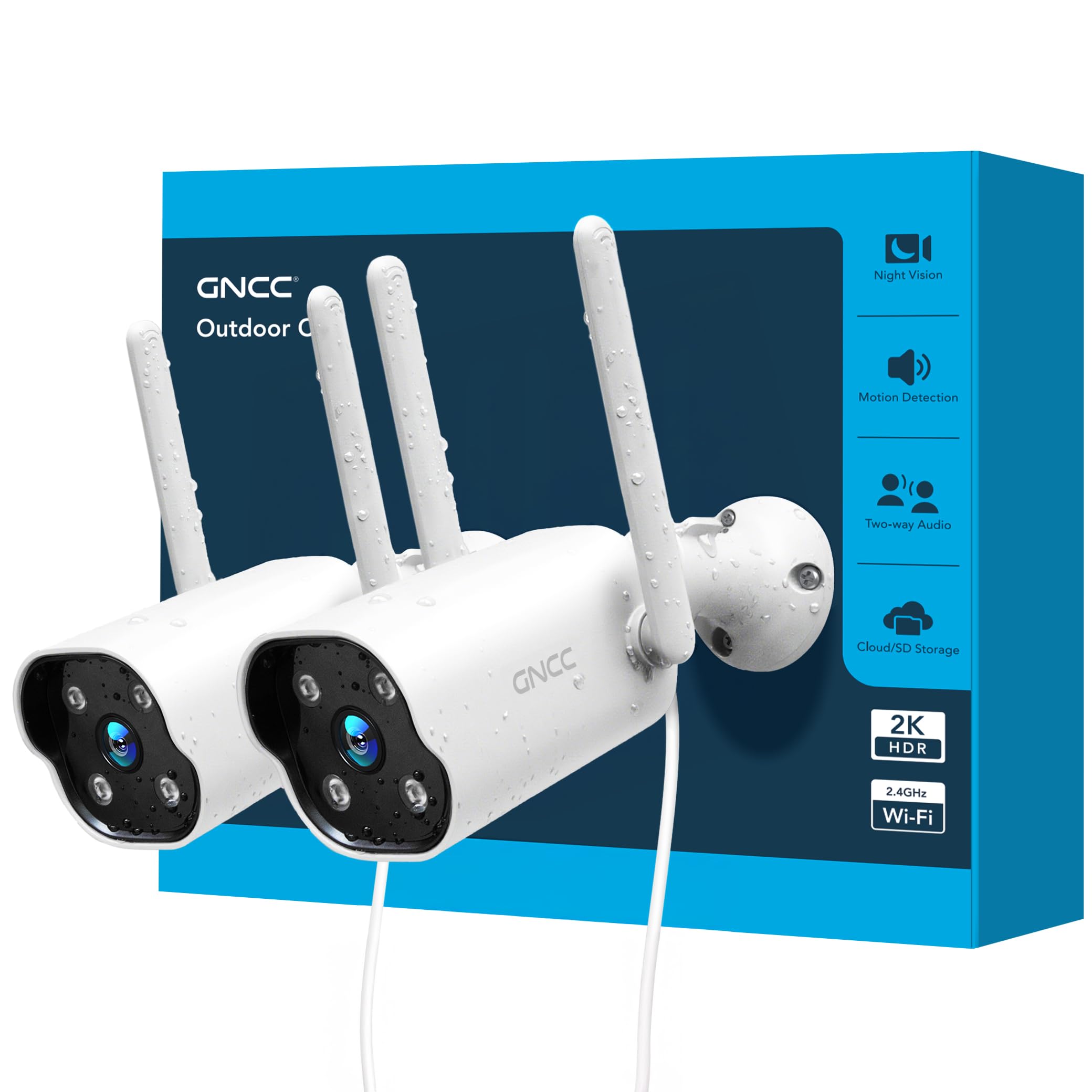 GNCC GT1Pro Kit 2 Telecamere Wi-Fi Esterno 2K, Fisso Videocamera Sorveglianza, IP65, Rilevamento Movimento, Notifiche APP, 24/7, Solo WiFi a 2,4 GHz, Archiviazione Cloud e Micro SD, Plug-in
