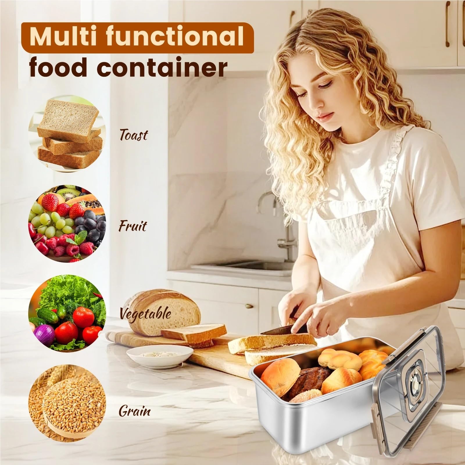 Scatola for pane in acciaio inossidabile da 5,8 litri con maniglia Registrazione del tempo Contenitori sigillati for alimenti Contenitore for pranzo cucina a buffet per Pane