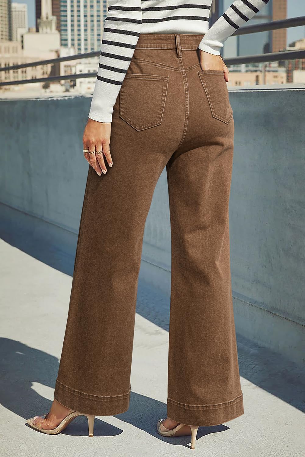 DOKOTOO Women's Casual High Waisted Jeans Stretch Button Wide Leg Loose Denim Pants with Pockets - Image 5