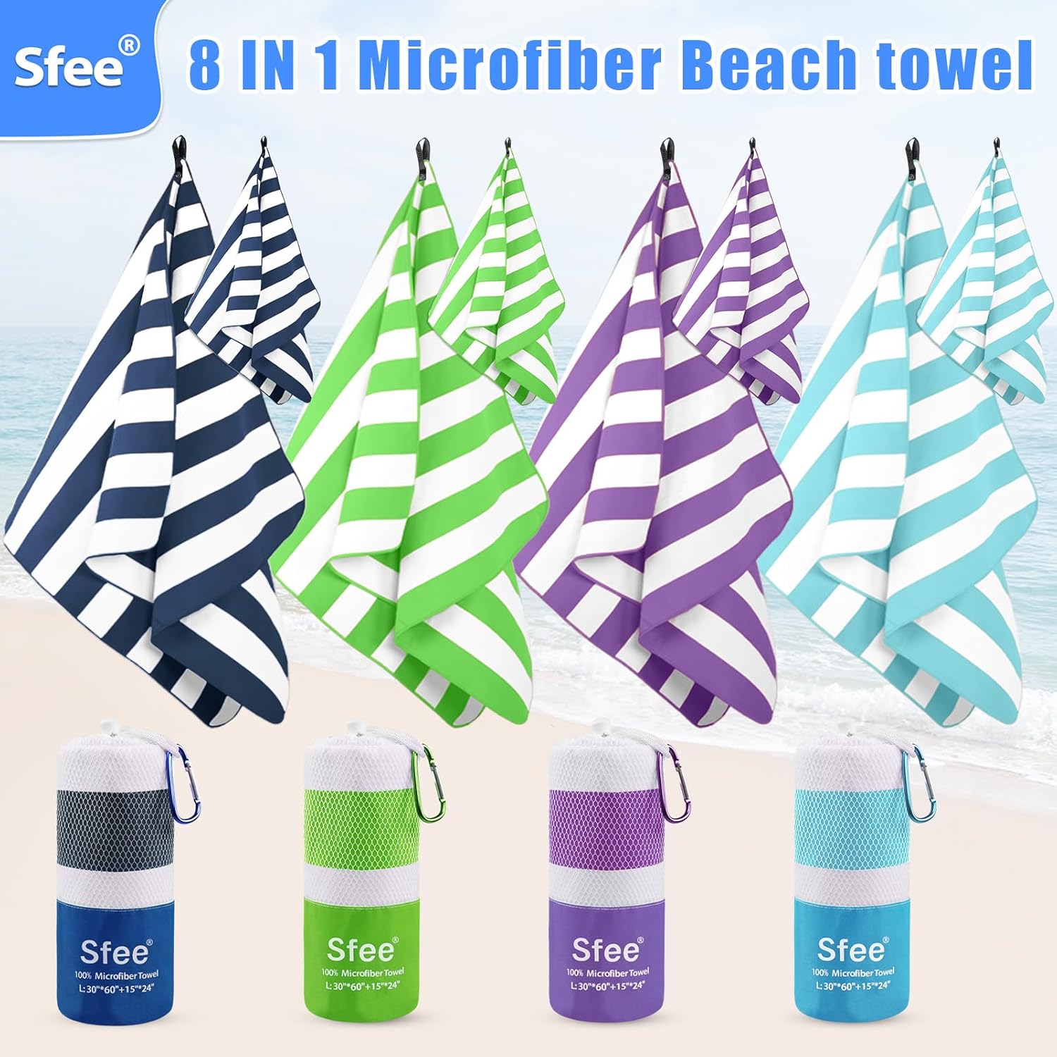 Sfee 4 Pack(8Pcs) Microfiber Travel Towel, Beach Towel Quick Dry Towel Camping Towel Super Absorbent Compact Lightweight Sports Gym Towels for Beach, Gym, Hiking, Pool, Backpacking, Bath, Yoga