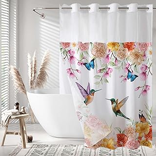 QeHoelyfe Floral Hummingbird No Hook Shower Curtain with Snap in Liner, Spring Flowers Butterflies Curtains for Bathroom, Fabric Inner, Watercolor Plants Bath Decorative, Machine Washable, 71 x 74