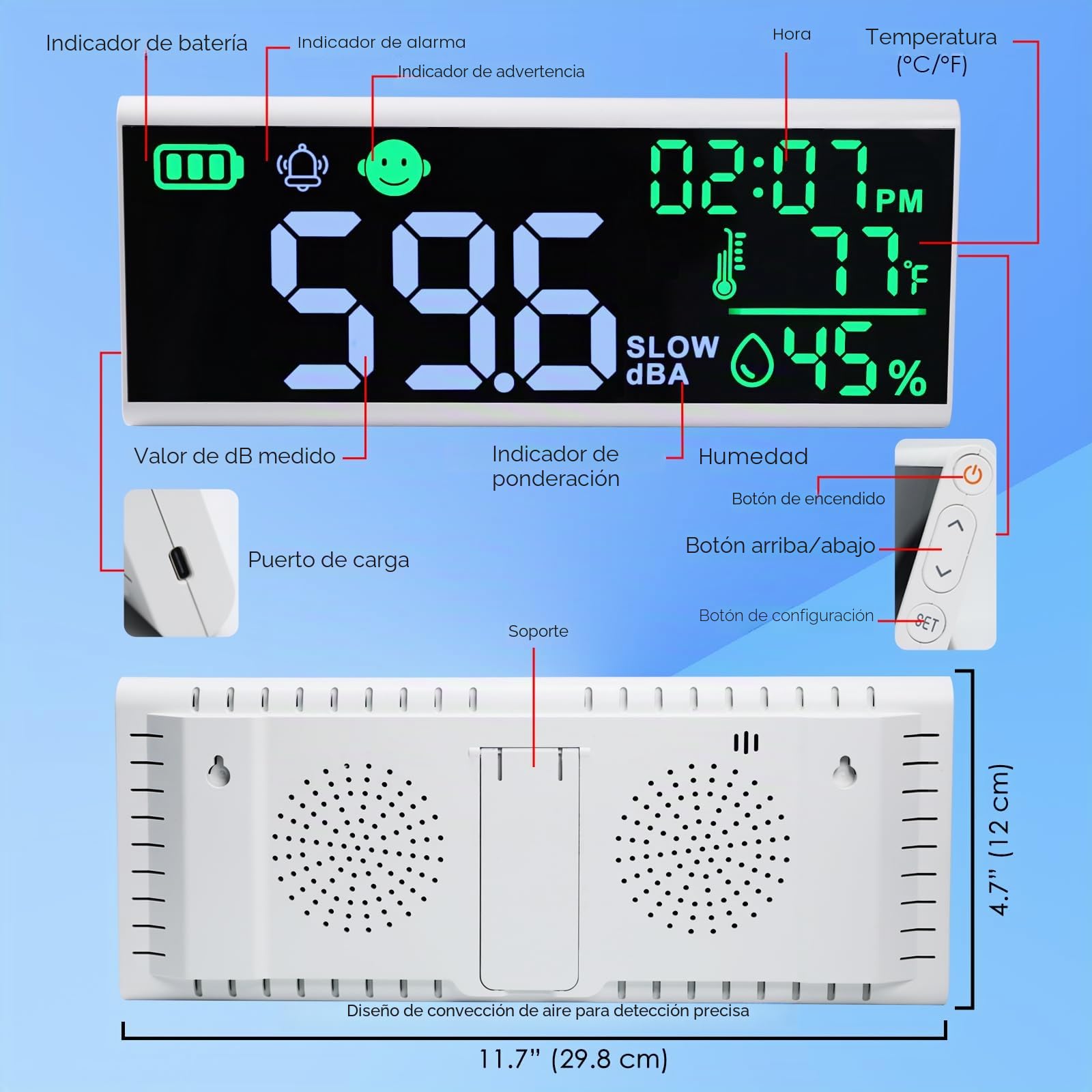 Medidor de decibelios de 13 pulgadas, medidor de nivel de sonido de pared y mesa, gran dispositivo LED para mostrar decibelios, hora, temperatura y humedad con zumbador y alarma de símbolo para aulas