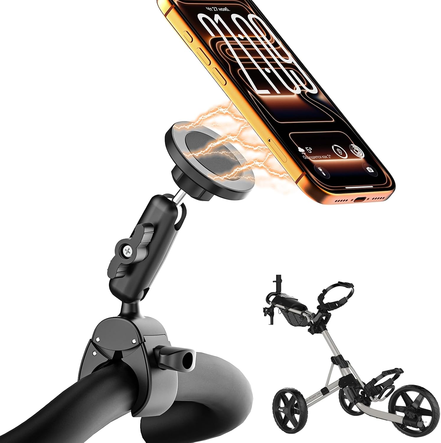 Charchendo [Camera Friendly] No-Shake Magnetic Golf Push Cart Phone Holder | Upgraded N56 Magnets Mount, One-Click Snap for All 4-7" Smartphones. Fits Clicgear, Sun Mountain & All Golf Cart Handlebars
