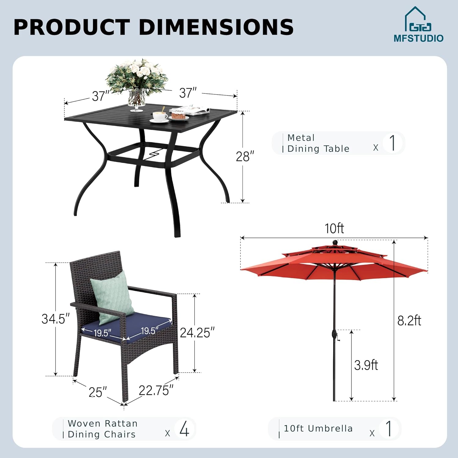 MFSTUDIO 6 Pieces Patio Dining Set with Umbrella, Patio Table and Chairs for 4, Outdoor Square Table with Chairs Umbrella, Outdoor Dining Furniture Set with Umbrella