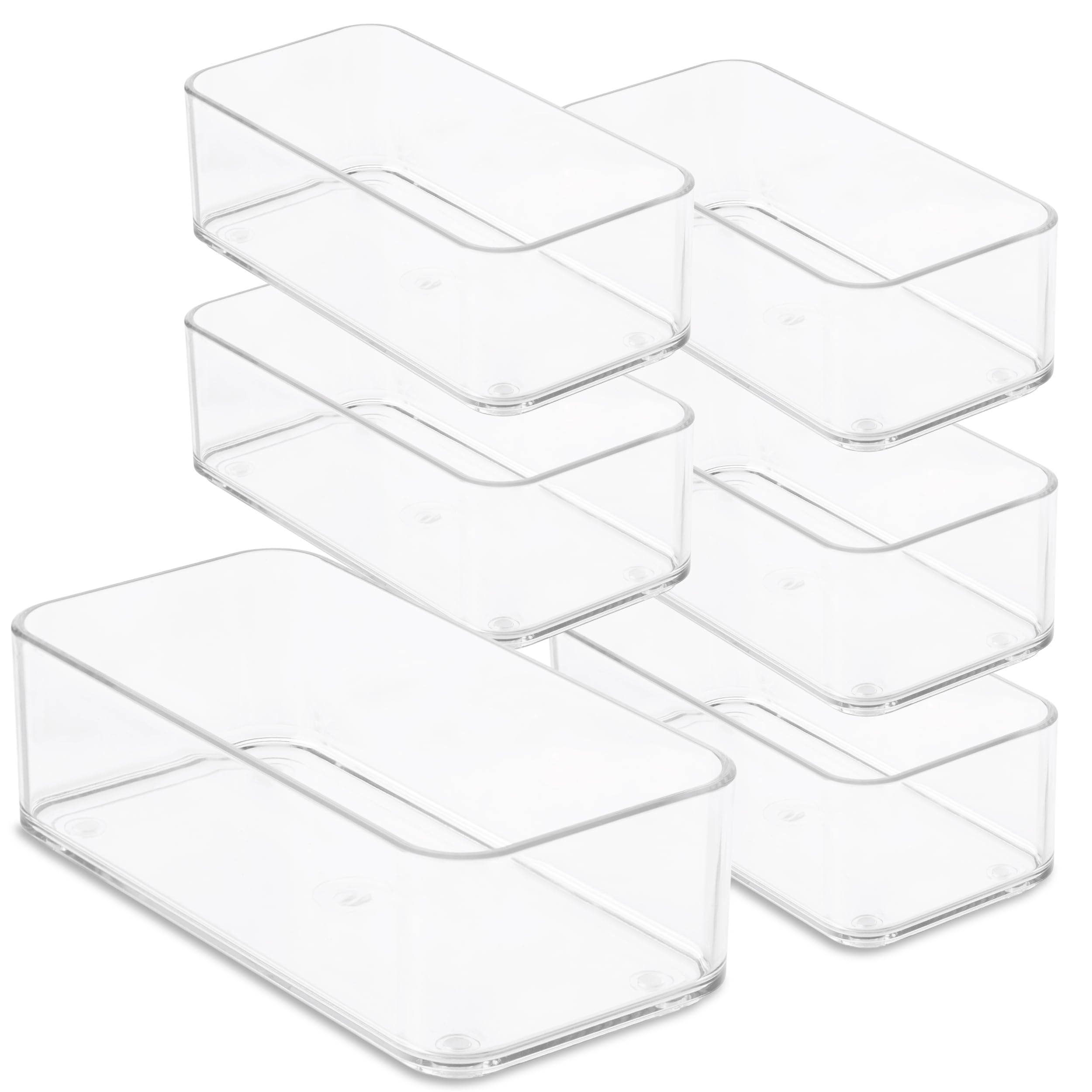 primebox Organizzatori per cassetti in plastica trasparente, per bagno, cucina, camera da letto, smalti, ufficio, vassoi portaoggetti, resistenti, impilabili. 15,2 x 7,6 x 5,1 cm, set da 6