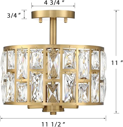 Miniatura 3 de MEXO Lámpara de techo semiempotrada de cristal cerca del techo, lámpara de techo con pantalla de tambor cilíndrico, acabado dorado, lámpara de techo