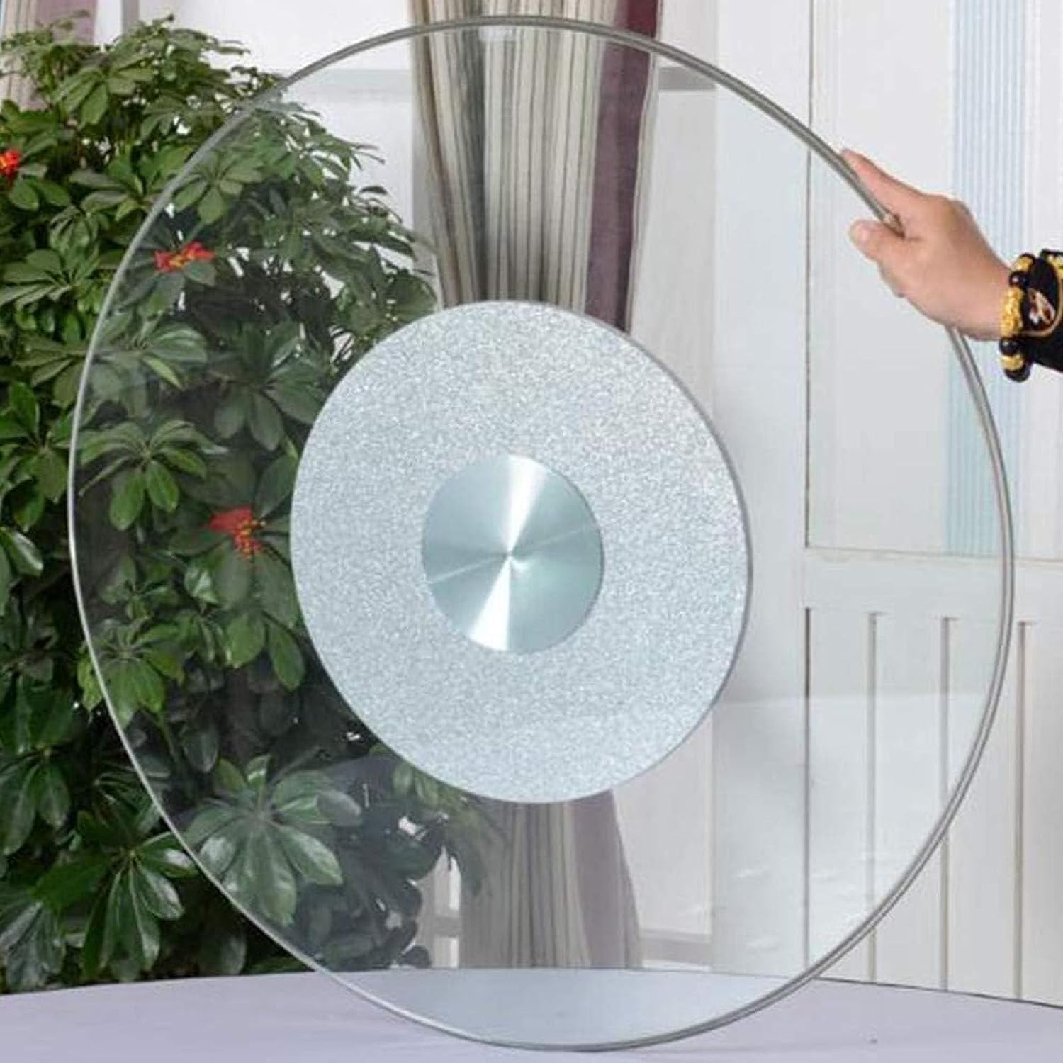 UZAMIRLEX Glass Lazy Susan Turntable, Glass Serving Turntable 360 Degree Rotation Kitchen Dining Silver Gold 50-100cm(Silver,90cm(35in))