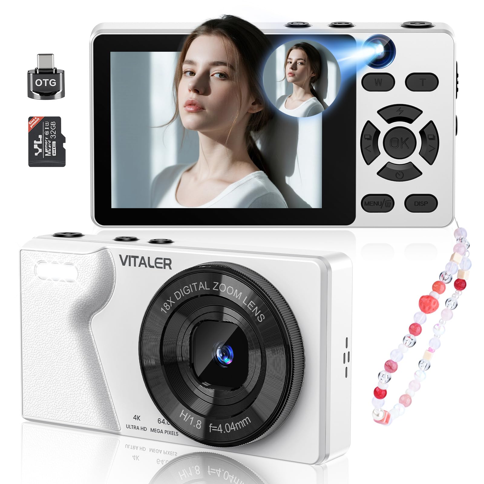 Vitaler 전면 후면 렌즈가 있는 디지털 카메라, 사진용 자동 초점 64MP 4K 카메라, 32GB 카드 포함, 휴대용 컴팩트 포인트 및 촬영 카메라, 청소년 성인 초보자용 금속 쉘, 2000mAh 배터리