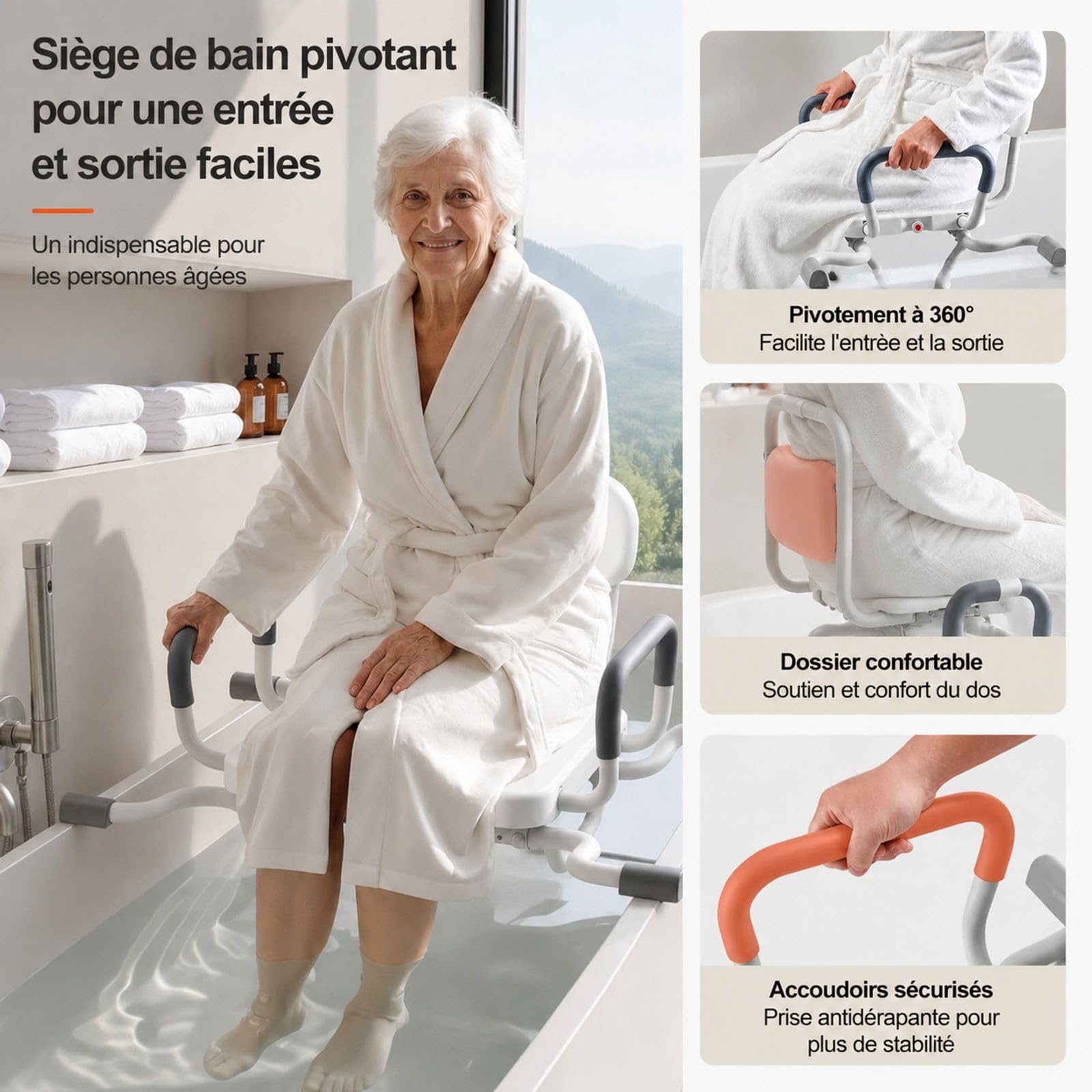Siège de Baignoire pivotant, Banc de Transfert pour Baignoire avec Dossier et accoudoirs, Installation sur Baignoire, Chaise de Douche pour Salle de Bain
