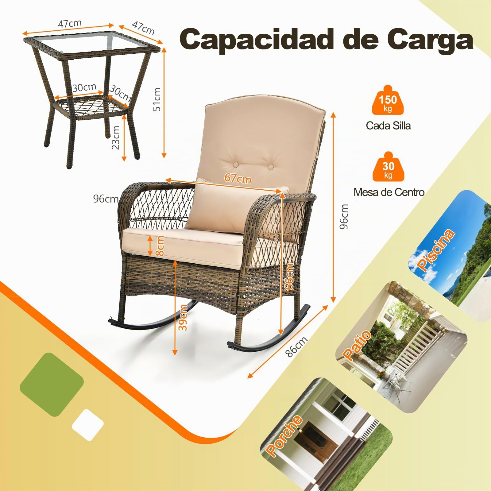 GIANTEX Juego de Muebles de Ratán 3 Piezas, Cojunto de Mecedoras para Jardín, 1 Mesa de Café y 2 Mecedoras, con Cojines, Juego de Mesa y Silla para Jardín, Terraza y Patio