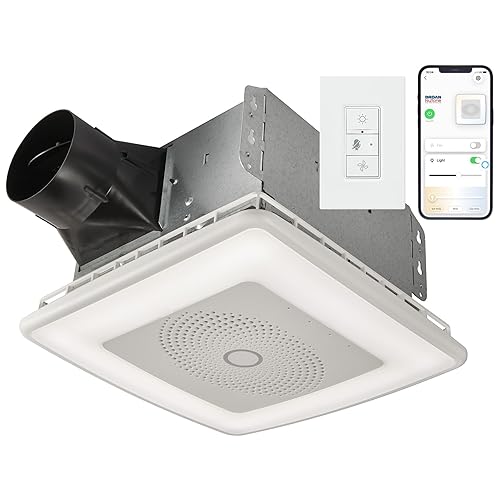 Broan-NuTone VC110CCT Sensonic Alexa - Ventilador de escape inteligente controlado por voz con luz LED regulable y altavoces Bluetooth, 110 CFM