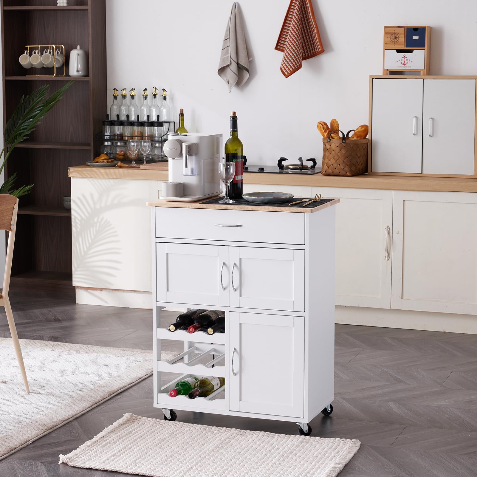 Bonnlo Carro de Cocina con Ruedas, Carrito de Cocina con Cajón, Botellero y Estantes, Mueble de Cocina con Superficie de Madera, 67 x 38 x 87 cm, Blanco