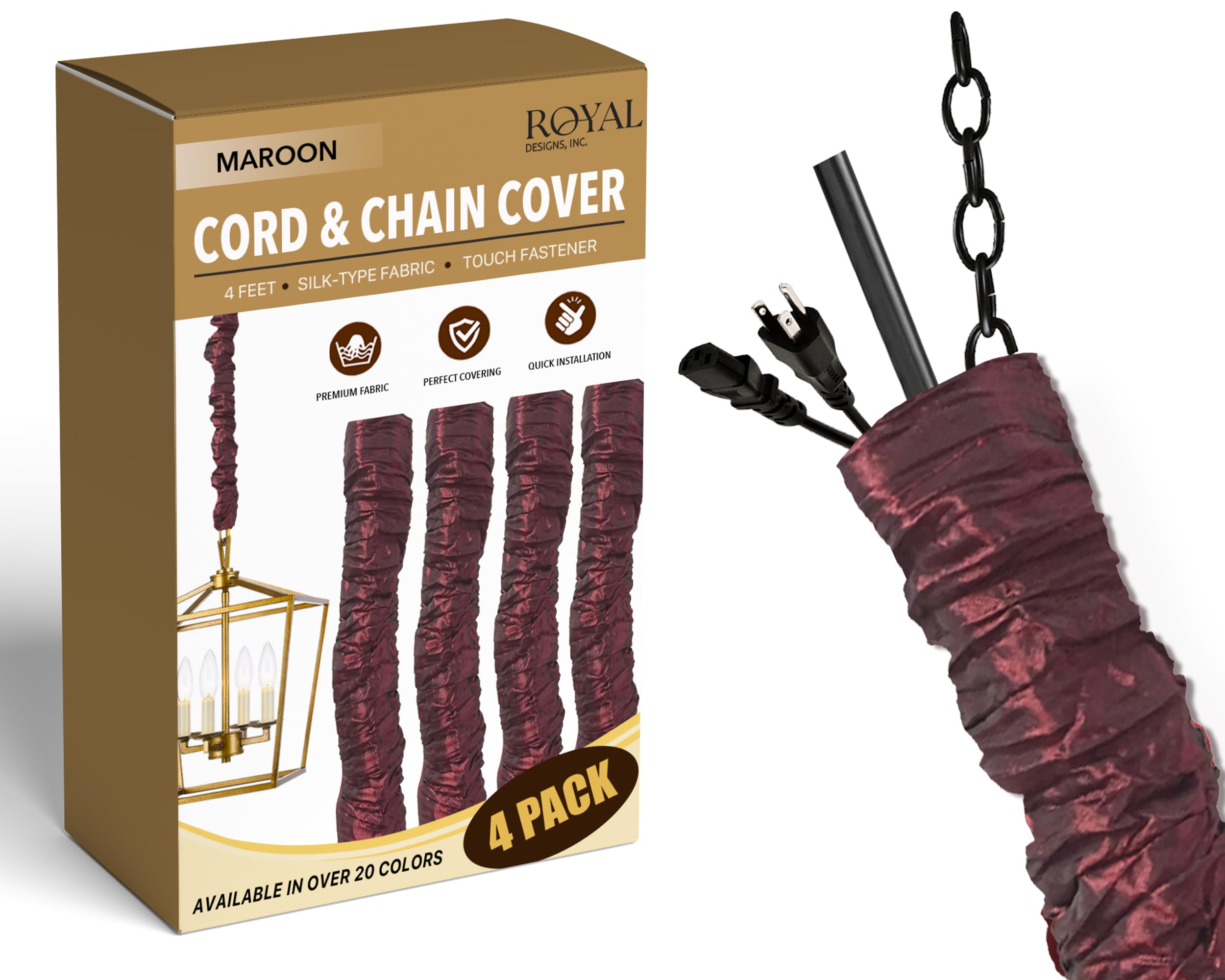 Royal Designs, Inc. Cord &amp; Chain Cover 4 ft Silk Type Fabric, Chandelier Pendant Lighting Chain &amp; Cable Management, Touch Fastener, Maroon - 4 Pack
