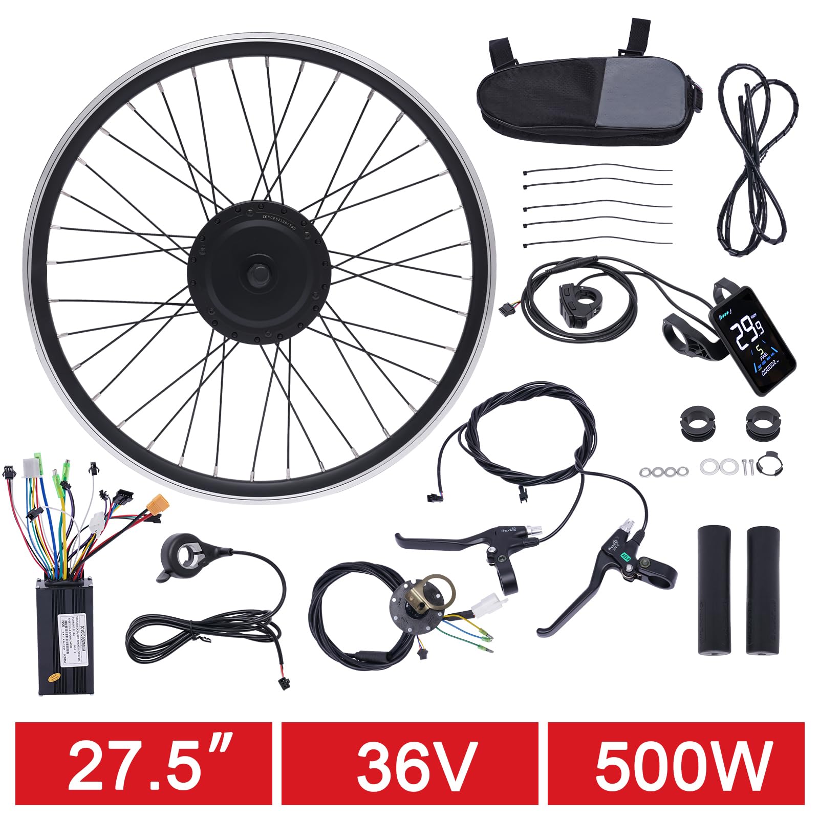 Kit de conversion de vélo électrique 27,5", 36 V, 500 W, roue avant avec écran LCD, capteur d'assistance à pédale PAS, kit moteur de vélo avec contrôleur et levier de frein, moteur