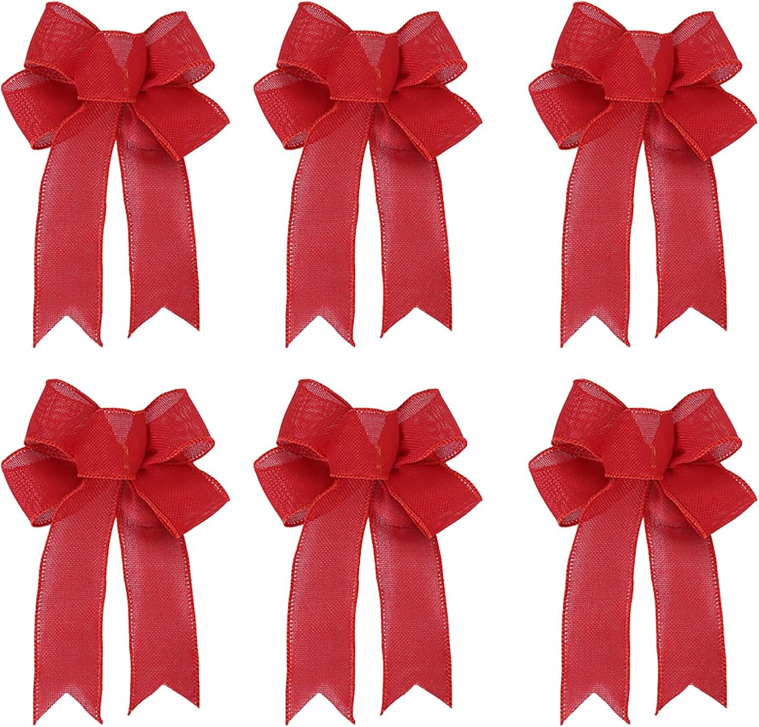 VELOKOVA 6 Pack Red Burlap Christmas Bows | 9.4" x 7.5" Eco-Friendly Ribbon Bow Knots for Xmas Tree Topper, Gift Wrapping, Wreath & Home Decor (24cm x 19cm)