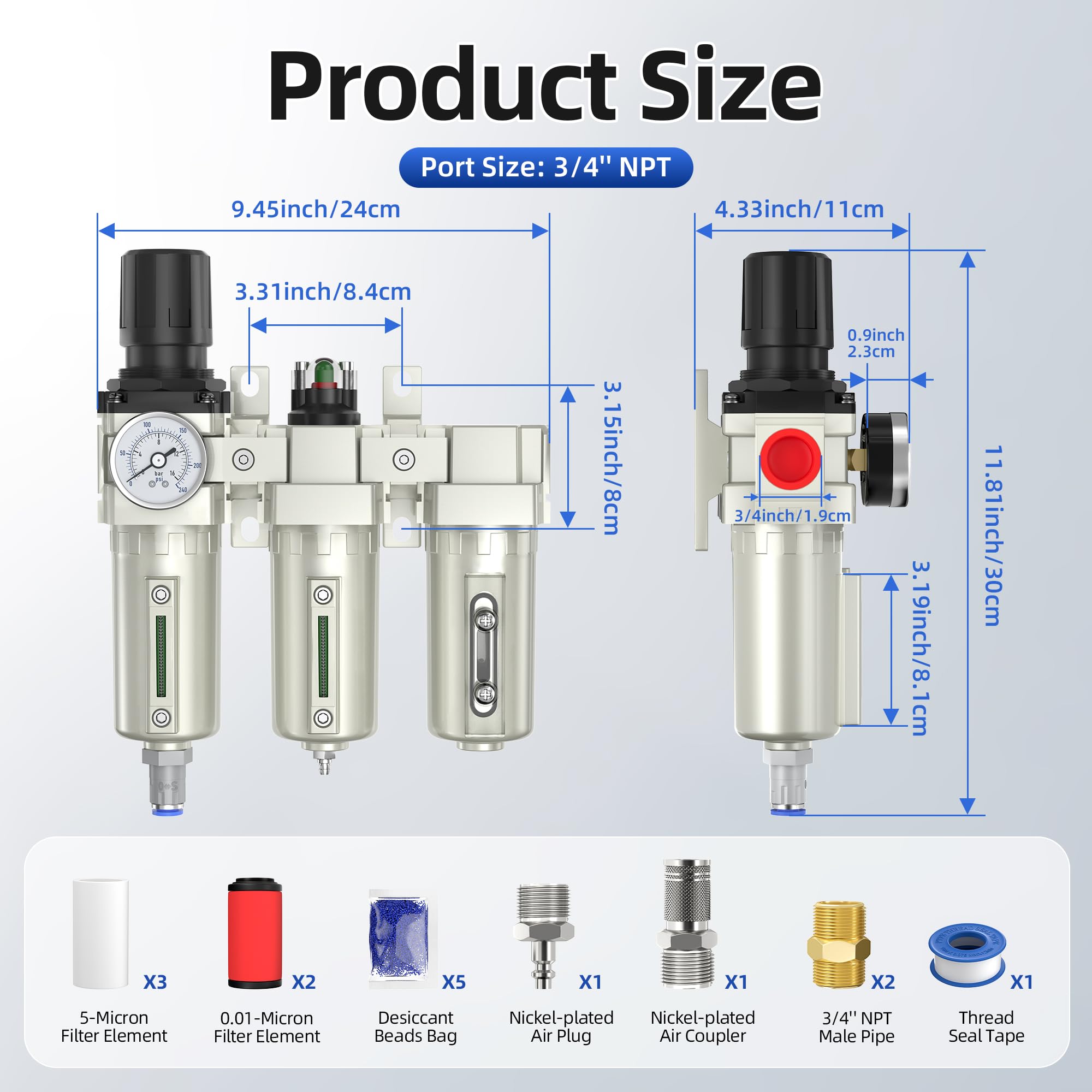 Separador de agua de compresor de aire NPT de 3/4 pulgadas, sistema de secado de aire de 3 etapas de grado industrial con regulador de aire de 0 a 240 PSI, filtro de partículas, filtro coalescente