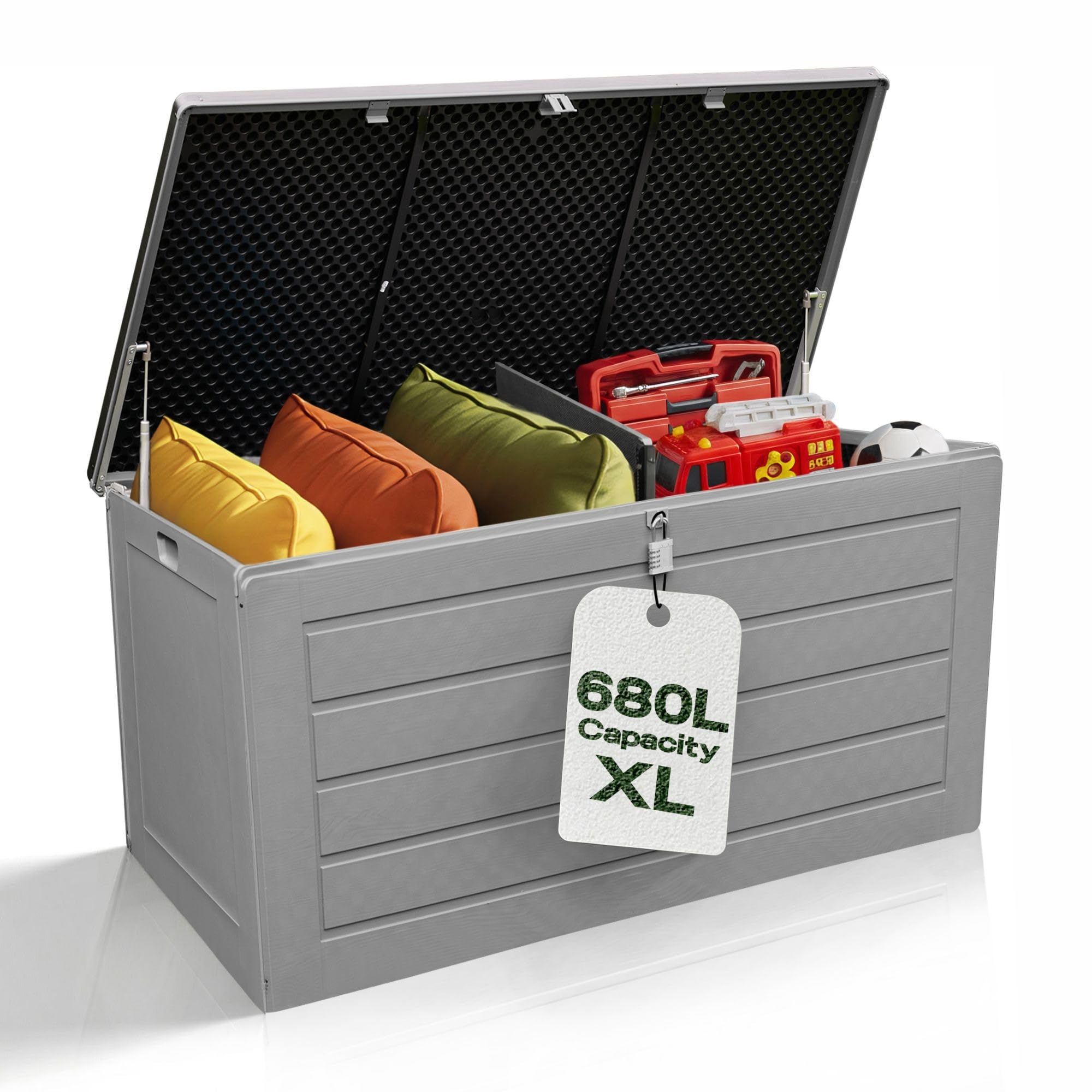 Olsen & Smith Grey 680L Outdoor Garden Storage Box, Weatherproof Heavy Duty Wood Effect Outdoor Storage Box, Lockable Large Storage Box With Lid, Padlock, Sit On Bench, 146 X 71 X 75 Cm, Tool Cushion Chest