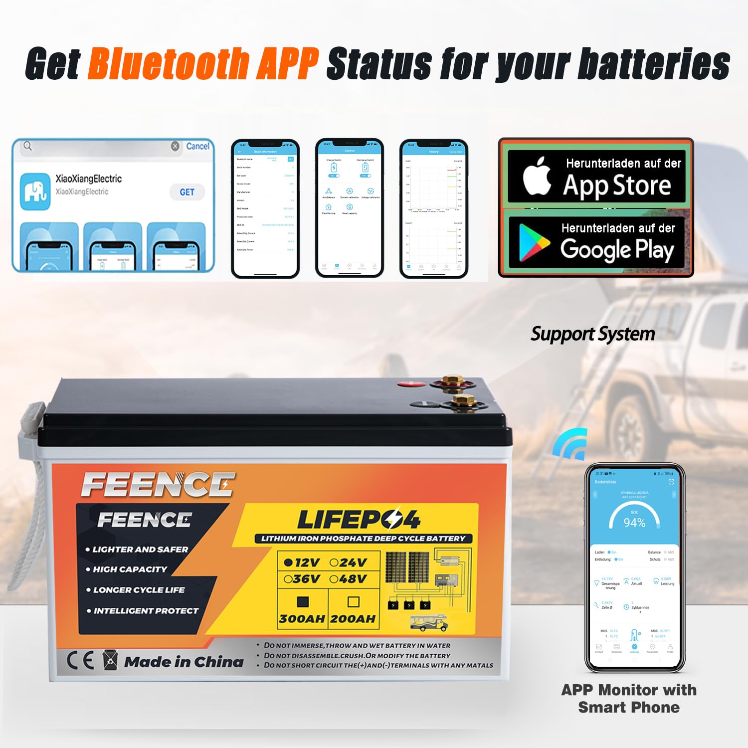 LiFePO4 Batterie au lithium 300 Ah 12 V 3840 Wh avec BMS 200 A max. 15 000 cycles, remplacement parfait pour le plomb-acide pour camping-car, système solaire, bateau, kit de panneau solaire,