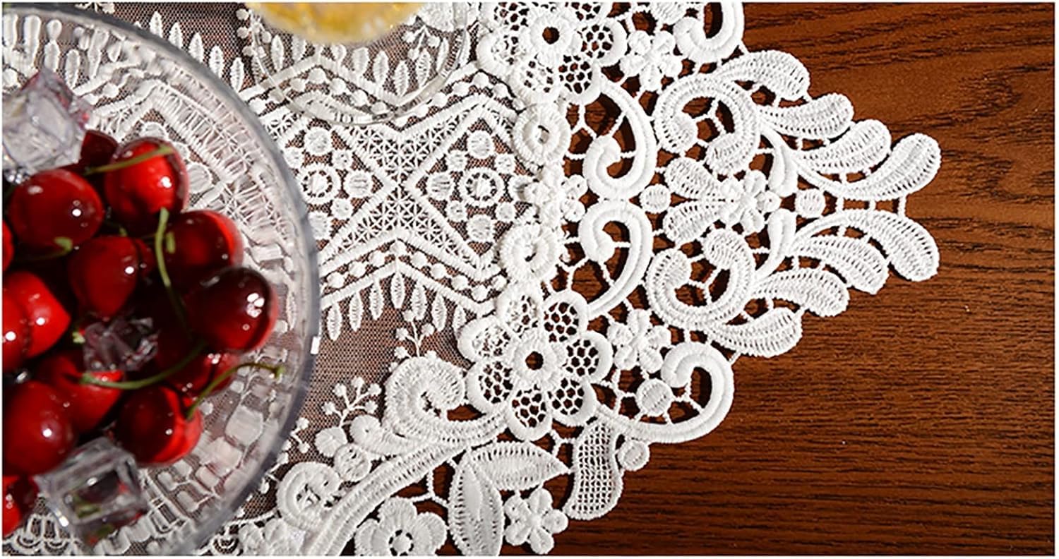 Elegante runner da tavola in pizzo bianco con nappe e decorazione floreale da tavolo, lavabile, 35 x 180 cm, per addio al nubilato, feste ed eventi speciali