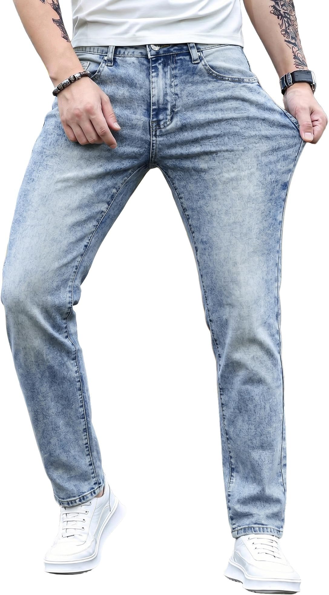 Men's Slim Fit Stretch Tapered Leg Skinny Jeans, Comfort Flexible Denim Pants for Men with 5 Pockets