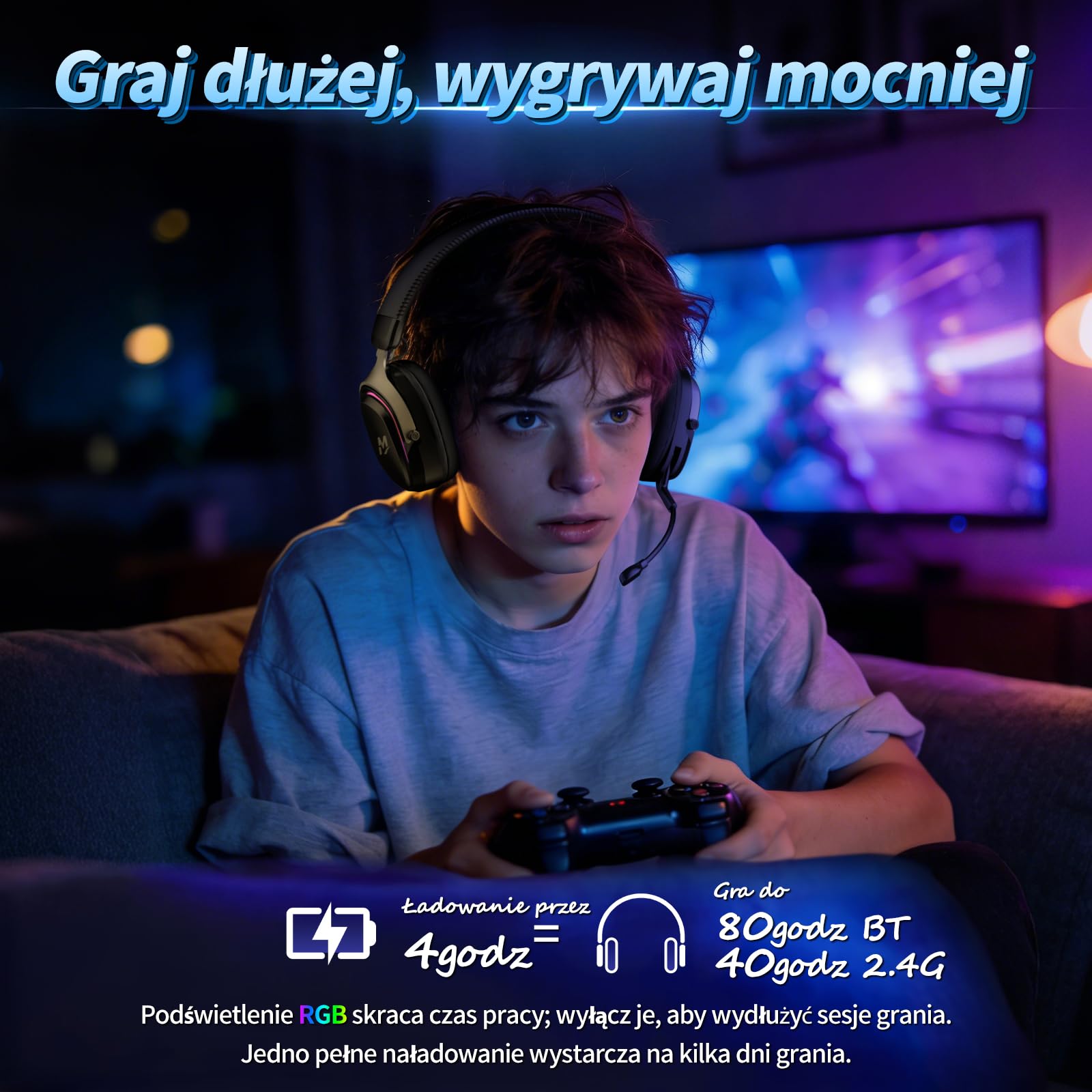 MANKIW Bezprzewodowy Zestaw Słuchawkowy Gamingowy do PS5/PS4/PC/Switch, 2.4G & Bluetooth 6.0, Słuchawki Gamingowe z Dźwiękiem Surround 7.1, Mikrofon z Redukcją Szumów, RGB, 60+ Godzin