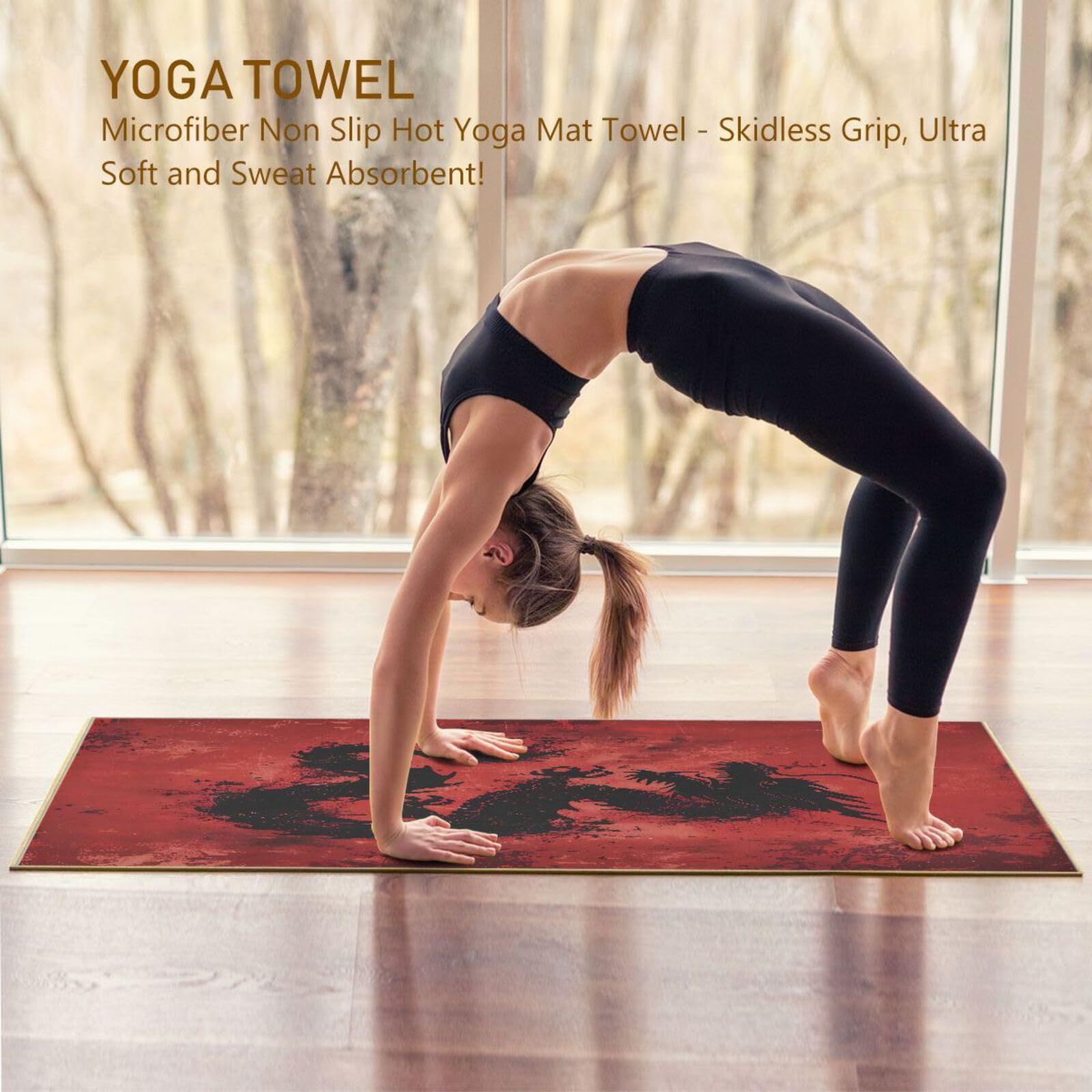 Tappetino da yoga con drago cinese rosso, 185,4 x 68,6 cm, superficie in pelle scamosciata, antiscivolo, asciugamano da yoga per hot yoga, pilates e allenamento, lavabile in lavatrice