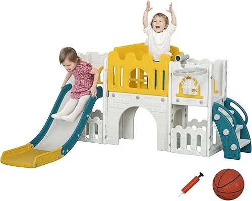 Qaba Tobogán 8 en 1 para niños de 1 a 3 años, juego de tobogán interior para niños con aro de baloncesto, escalador, telescopio, túnel, volante,