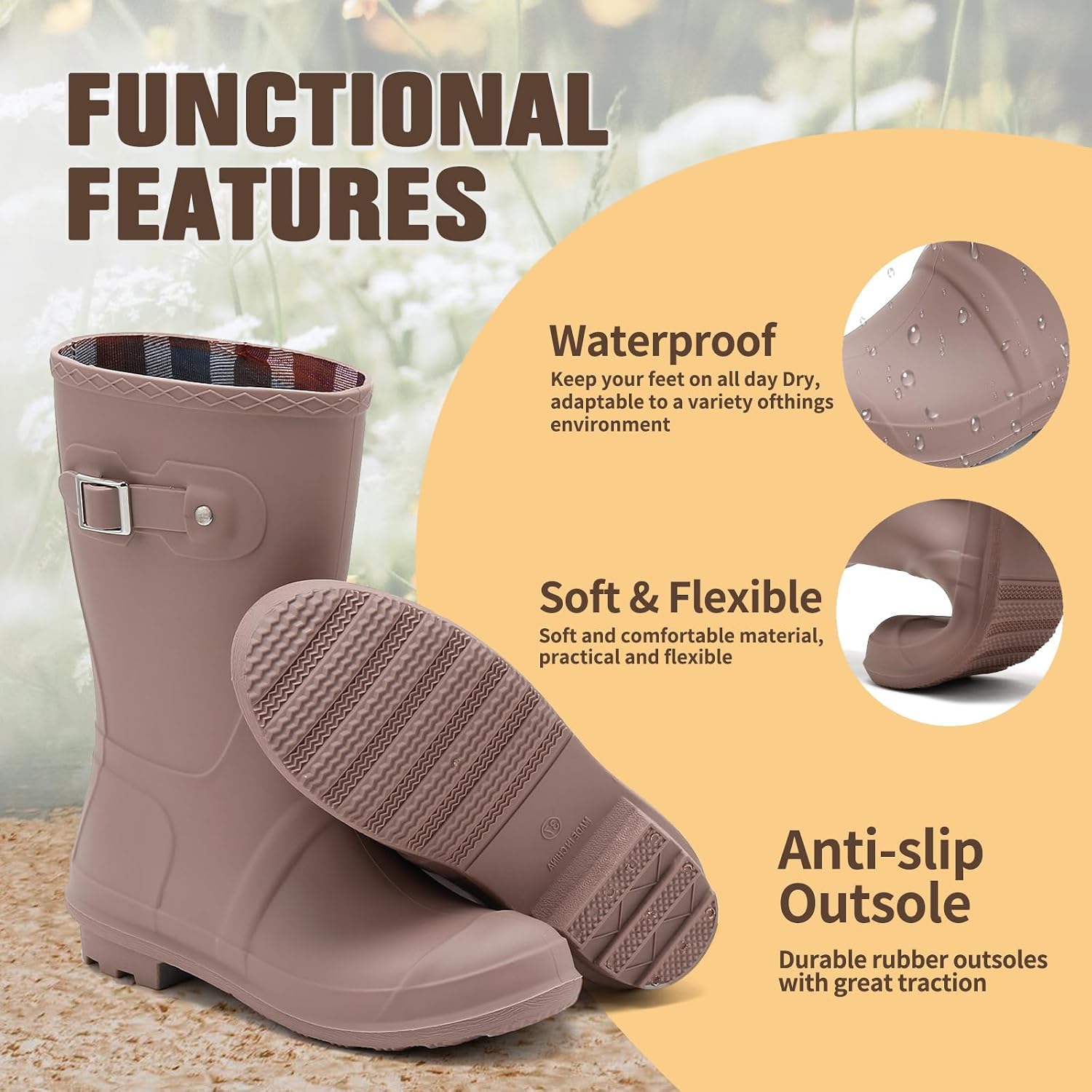 Women's Mid Calf Rain Boots Anti-Slip Waterproof Wide Calf Rubber Boots Work Water Shoes for Outdoor Gardening Fishing