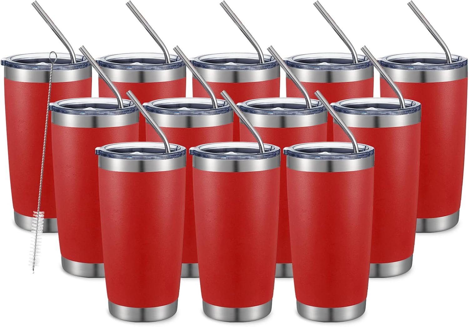 COMOOO 20oz Double Wall Vacuum Insulated Travel Mug, Stainless Steel Tumbler with Lid and Straw Durable Powder Coated Insulated Coffee Cup for Cold & Hot Drinks (red?12 pack Red 12