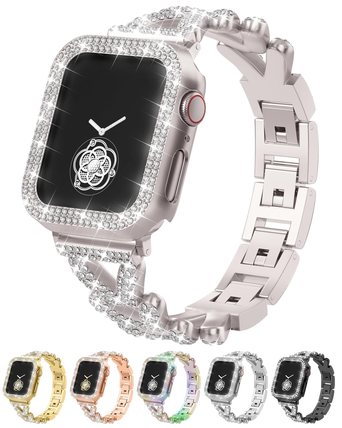 Rhinestones Encrusted Metal Bracelet and Case, Compatible with Apple Watch Bands 38mm-49mm (Series 11/10/1/SE/Ultra 2)- Bling Gold Women's Jewelry Strap, Luxury iWatch Bracelet