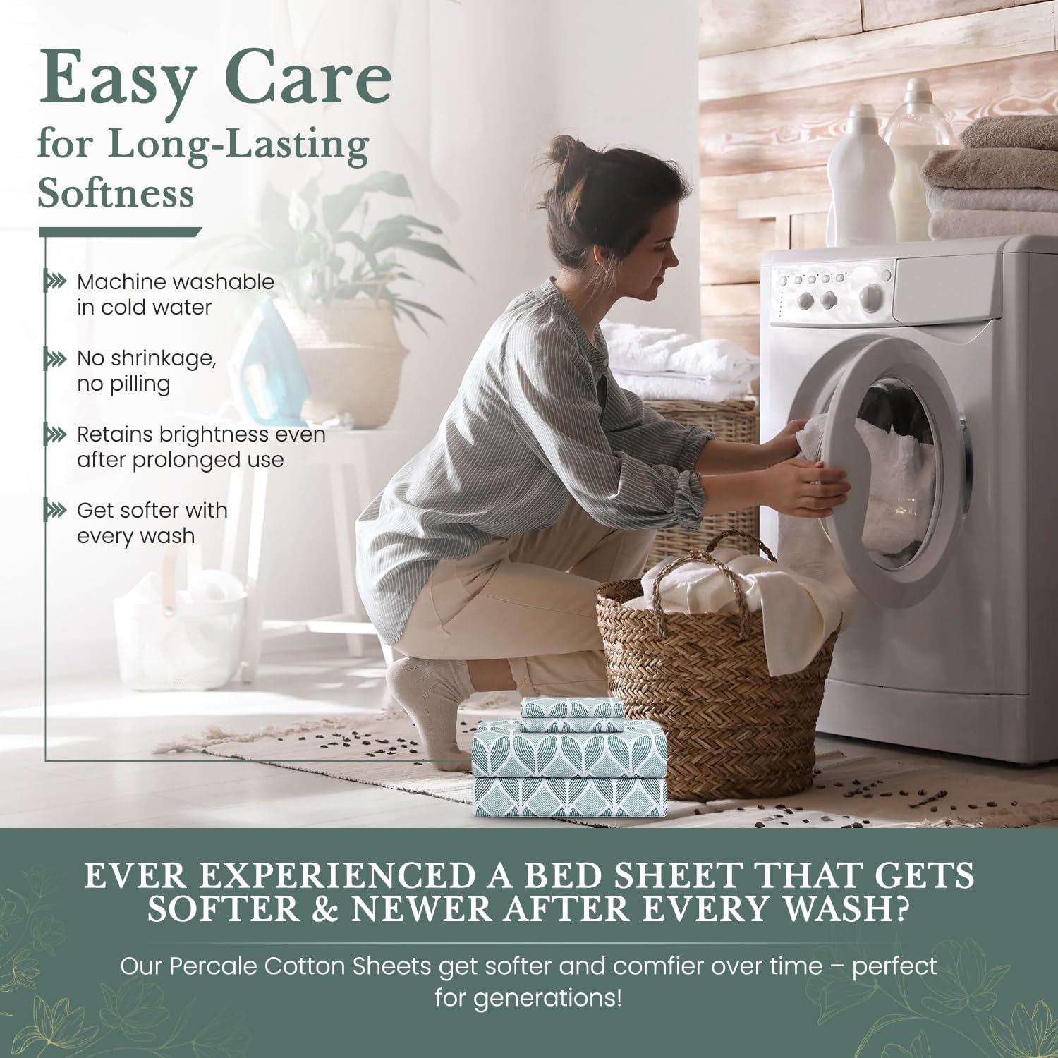 Feather & Stitch Softest 100% Cotton Sheets, 300 Thread Count Percale Weave Bedding, 16" Deep Pocket, Cooling Sheets, Breathable Bed Set, Hotel Premium Quality (Queen, Nature Mesh) - Image 8