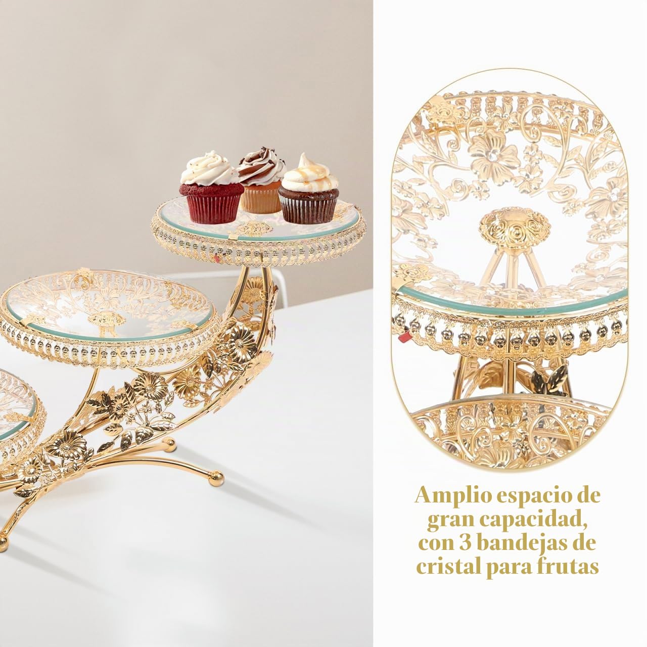 Hemoton Bandeja de fruta de cristal con 3 niveles para servir soporte de exhibición de alimentos Soporte para magdalenas para servir pastel Servidor de alimentos Estante para placas (dorado)