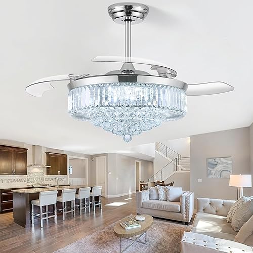 Miniatura 13 de Ventiladores de techo de 42 pulgadas con luz, ventilador de techo de araña, ventilador de techo retráctil de cristal para dormitorio, sala de estar,