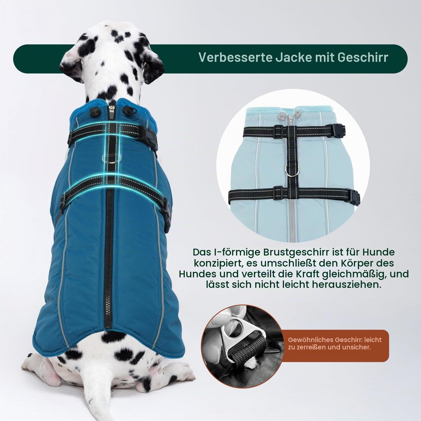 Kuoser Hundemantel für Mittelgroße Hunde Winter, wasserdichte Hundejacke mit Geschirr, Warmer Wintermantel Hund mit Fleecefutter, Fleecemantel Hundepullover Blau M