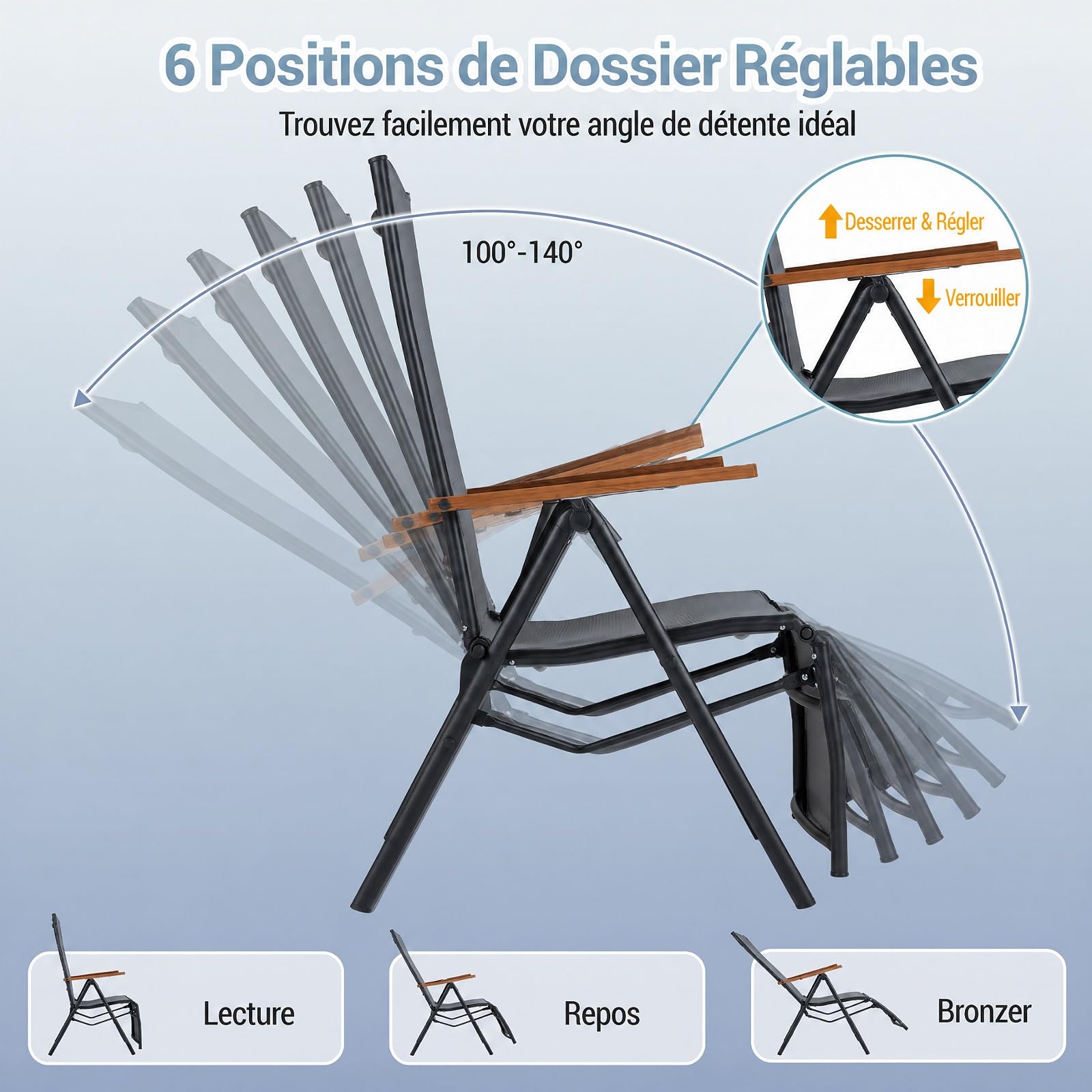 COSTWAY Chaise Longue Jardin Pliante, Dossier Réglable en 6 Positions, Gris