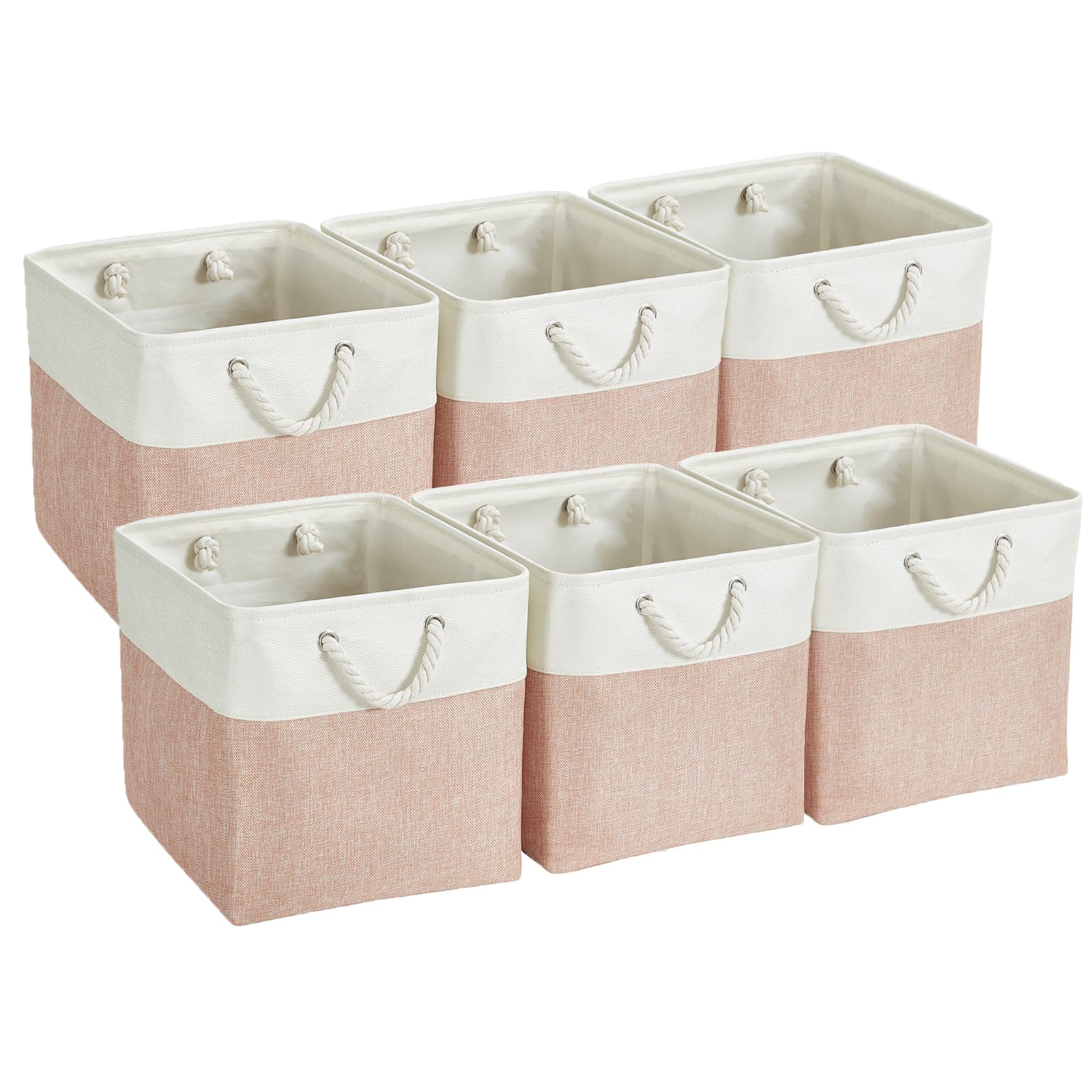 Mangata Canvas Storage Boxes, 28cm Cube Storage Bins Set of 6, Fabric Baskets with Cotton Rope Handle for Organizing Clothes Nursery Home (Pink/White)