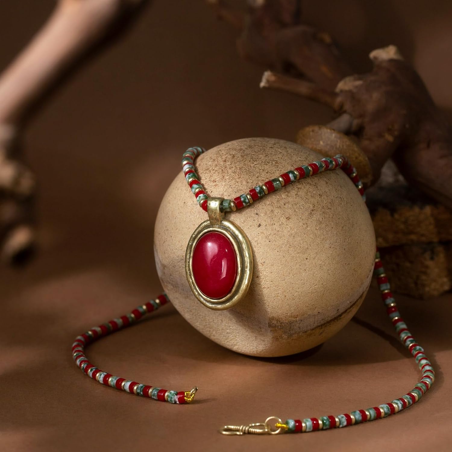 HZMAN Natural Red Agate Pendant Necklace for Women, Vintage Handmade Brass Choker, Bohemian Retro Jewelry Gift, 22.95 Inches - Image 5