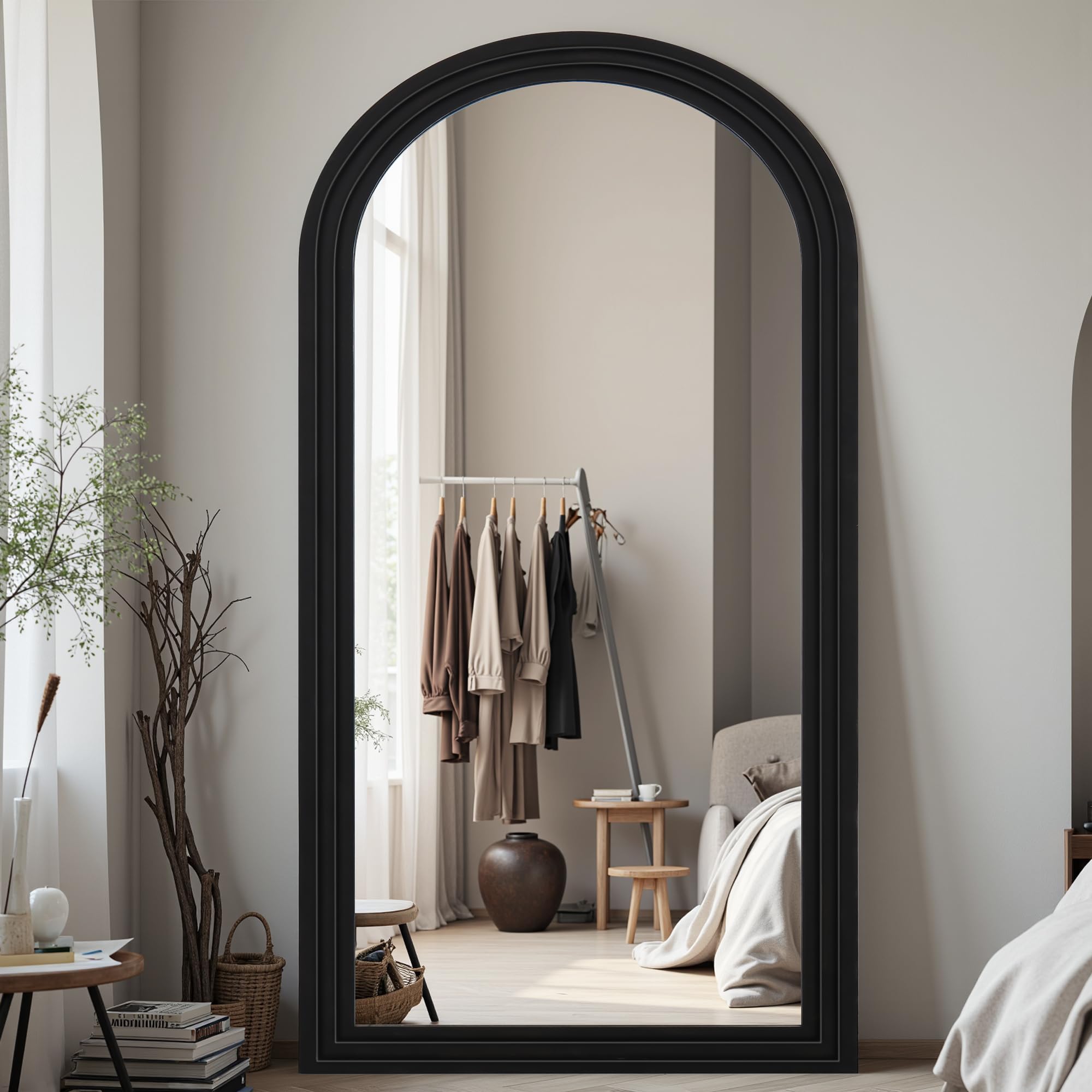 Photo 1 of Coomily Full Length Mirror, 81"x41" Wooden Mirror Full Length with Stand Wood Floor Mirror, Oversized Stand Up Mirrors Large Wall Mirrors, Wall Mounted Mirrors, Arched Vintage Style, Black