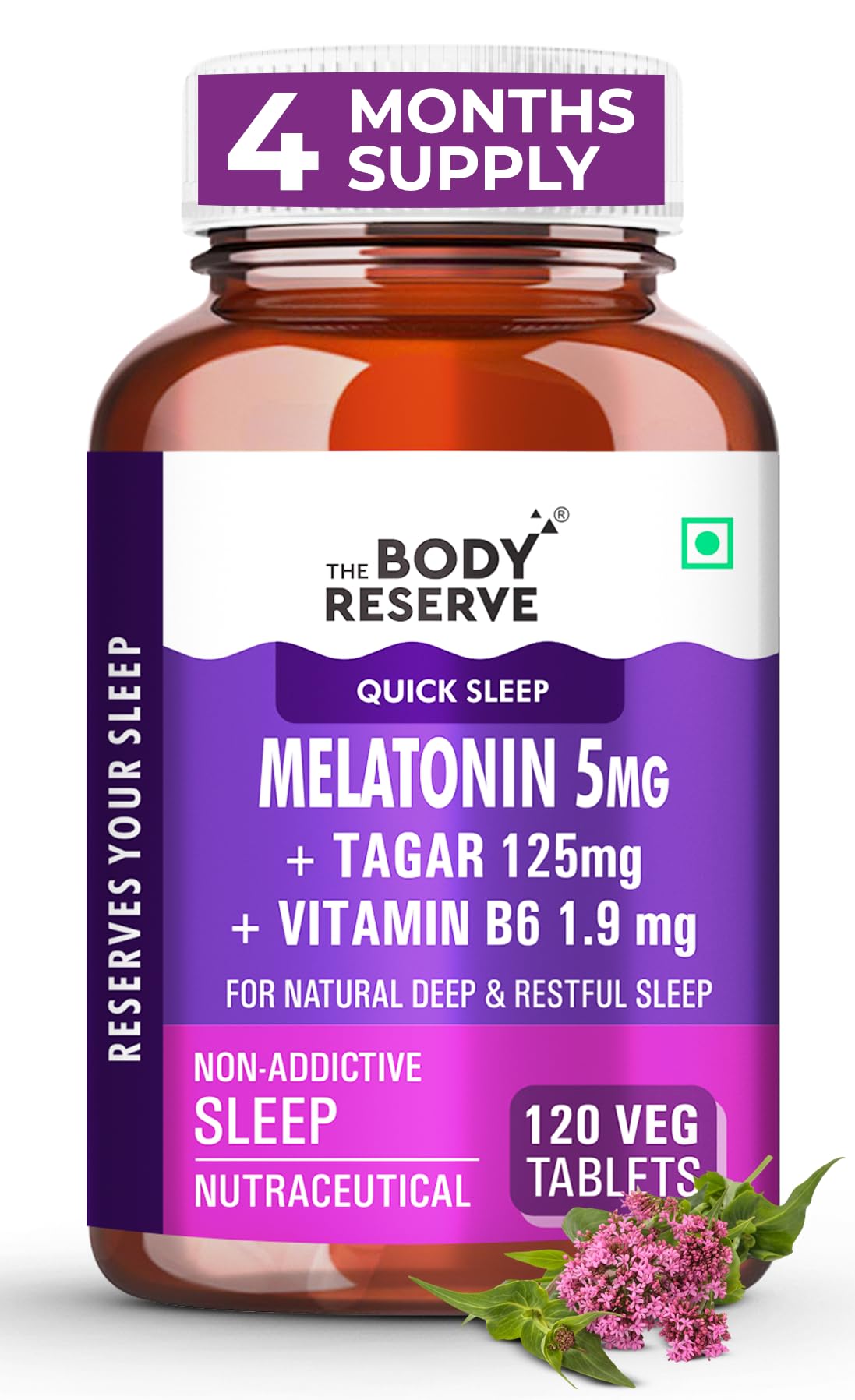 The Body Reserve Melatonin 5mg with Tagar 125mg - 120 Veg Tablets for Natural Sleep Aid, Muscle Recovery, Nerve Relaxation, and Stress Relief - Non-Habit Forming Sleep Aid for Men & Women