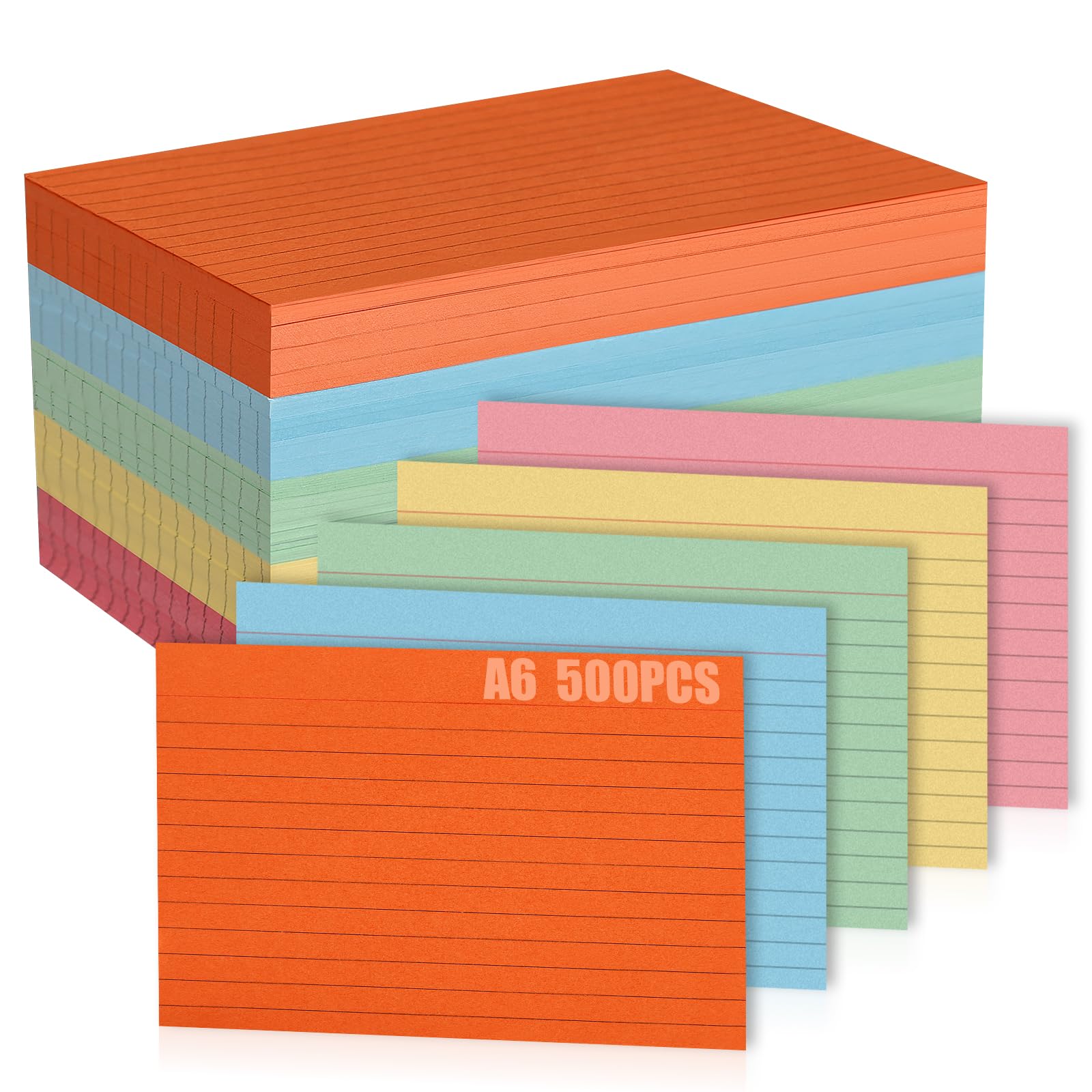 Lychico A6 Flash Cards (500 pcs), Size 6x4 Ruled Index Cards Revision Cards, Assorted 5 Colours 100 Sheets Each Colour for School Office Home Study