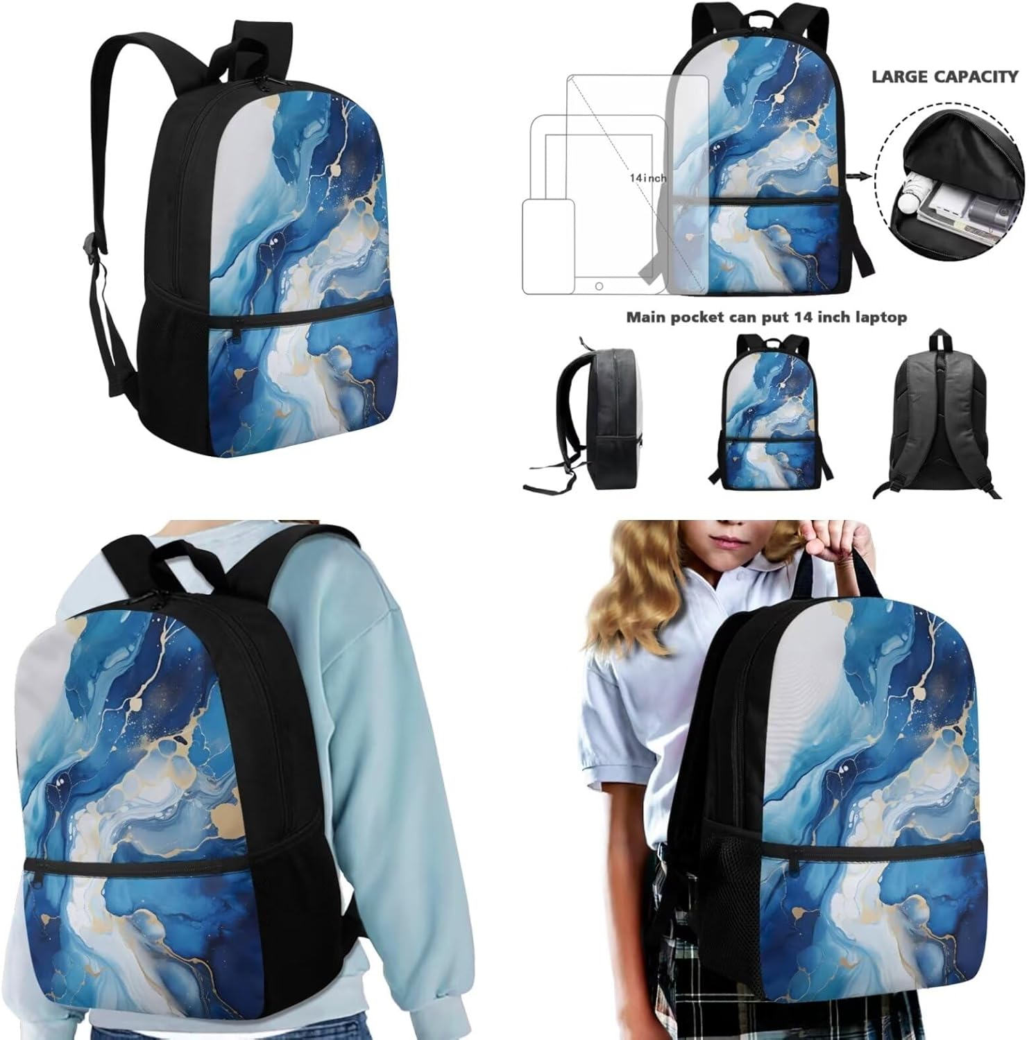 3 Pack School Bag for Kids Backpack with Pockets Blue Marble Print Zippered Bookbag Leakproof Lunch Box Pencil Case with Mesh Pockets