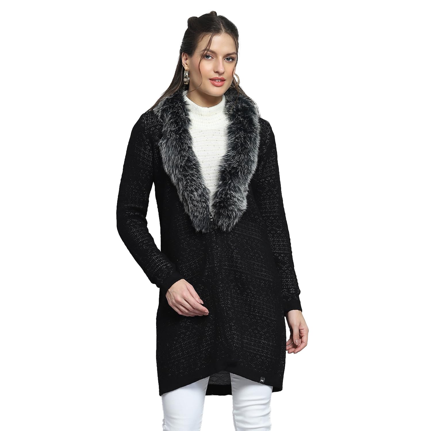 Womens Self Design Black Front Open Full Sleeve Cardigan_1243773FO-1