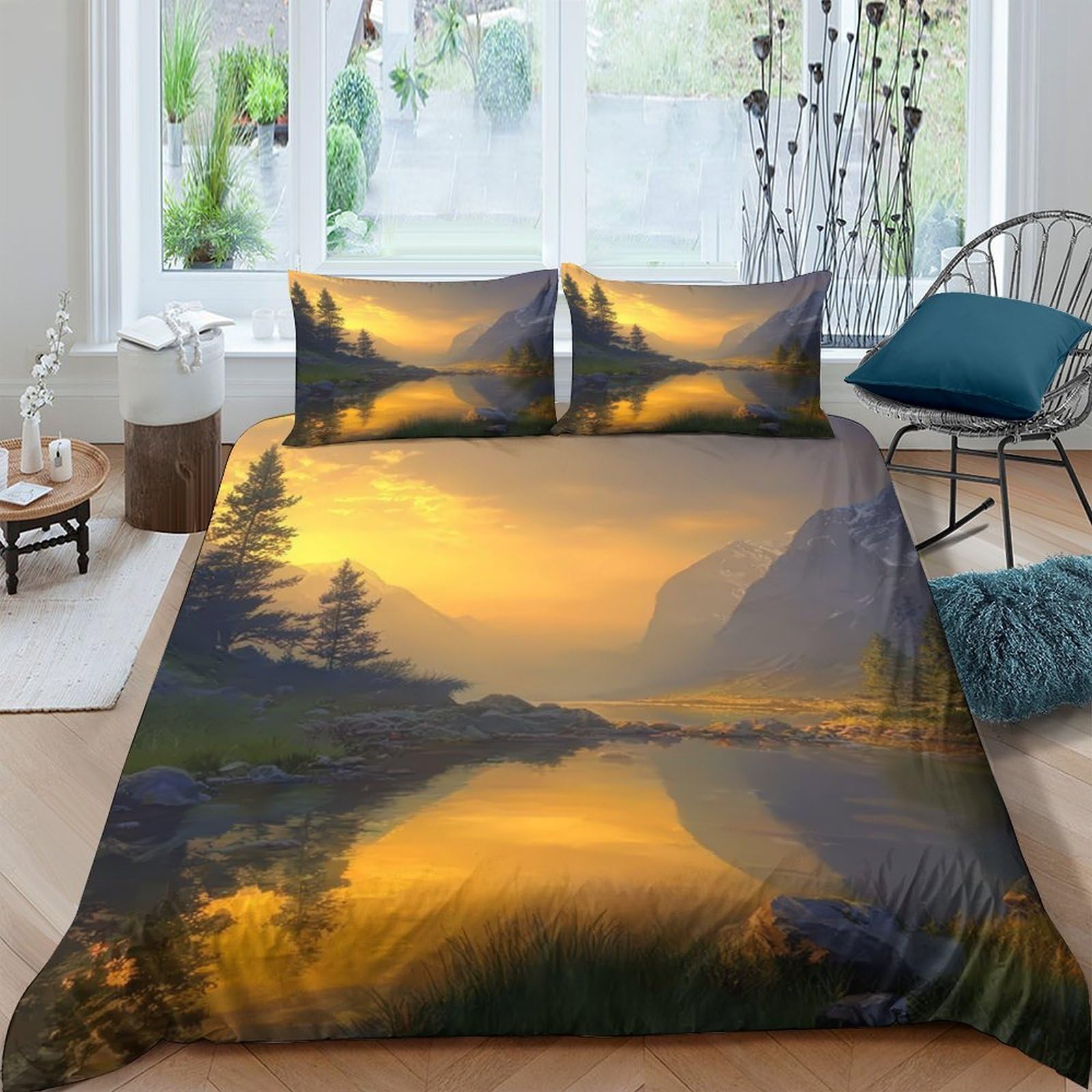 Ctjqhvkz Style-1 3D Printed Golden Sunrise Lake Fitted Sheet Microfiber Soft Anti-Slip Forest Reflection Mattress Cover For Bedroom Home Decor Single（135X200cm）